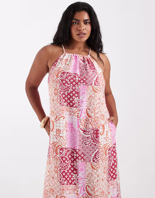 Vero Moda Curve high neck trapeze midi dress in pink paisley patchwork print