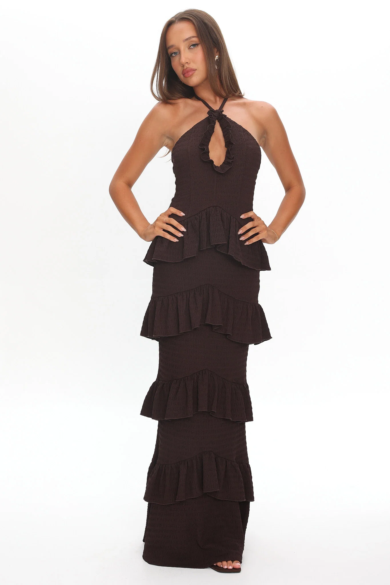 Dulce Dreams Halterneck Frill Maxi Dress Chocolate