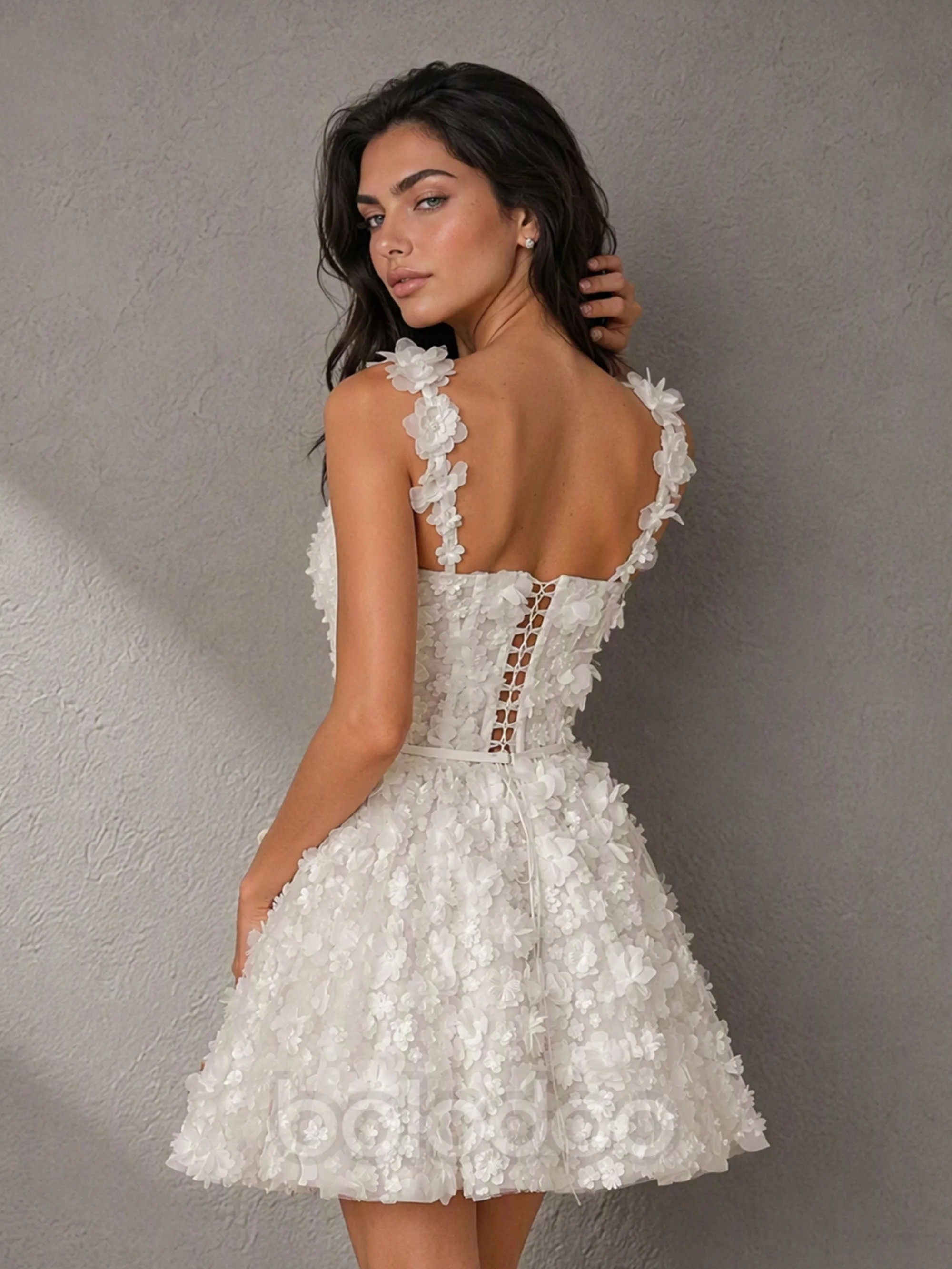 BOLODOO White 3D Floral Appliqué Sweetheart Wide Strap Lace-Up Back Mini Dress | BD0565