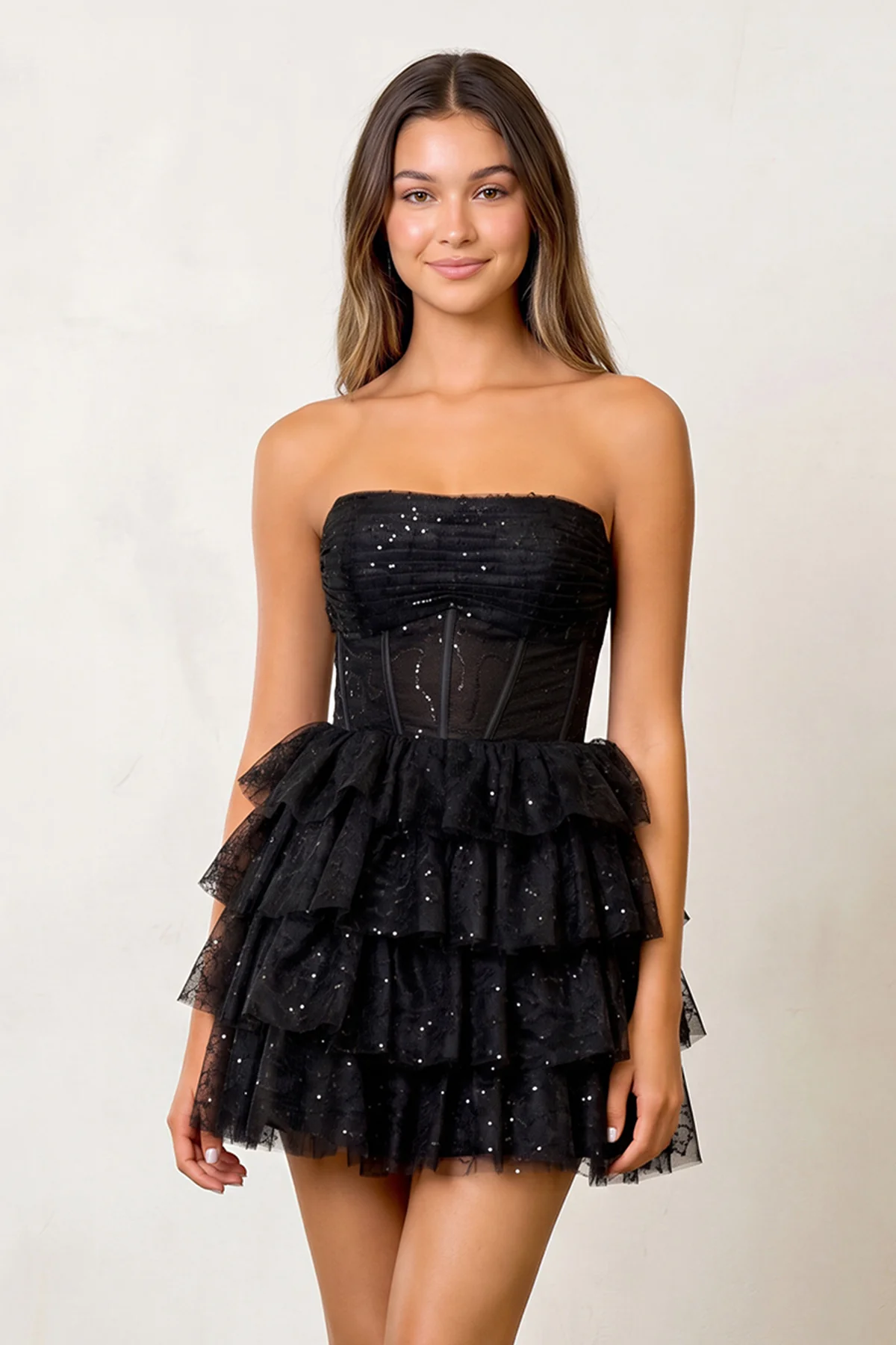 A Line Black Strapless Tiered Homecoming Dress