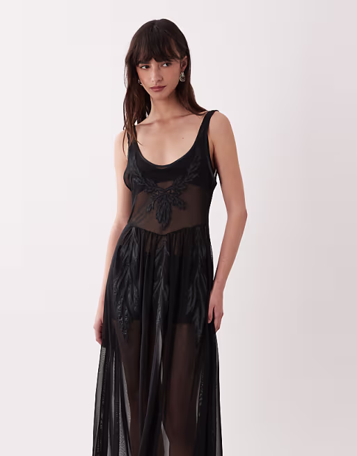 Miss Selfridge appliqué mesh maxi dress in black