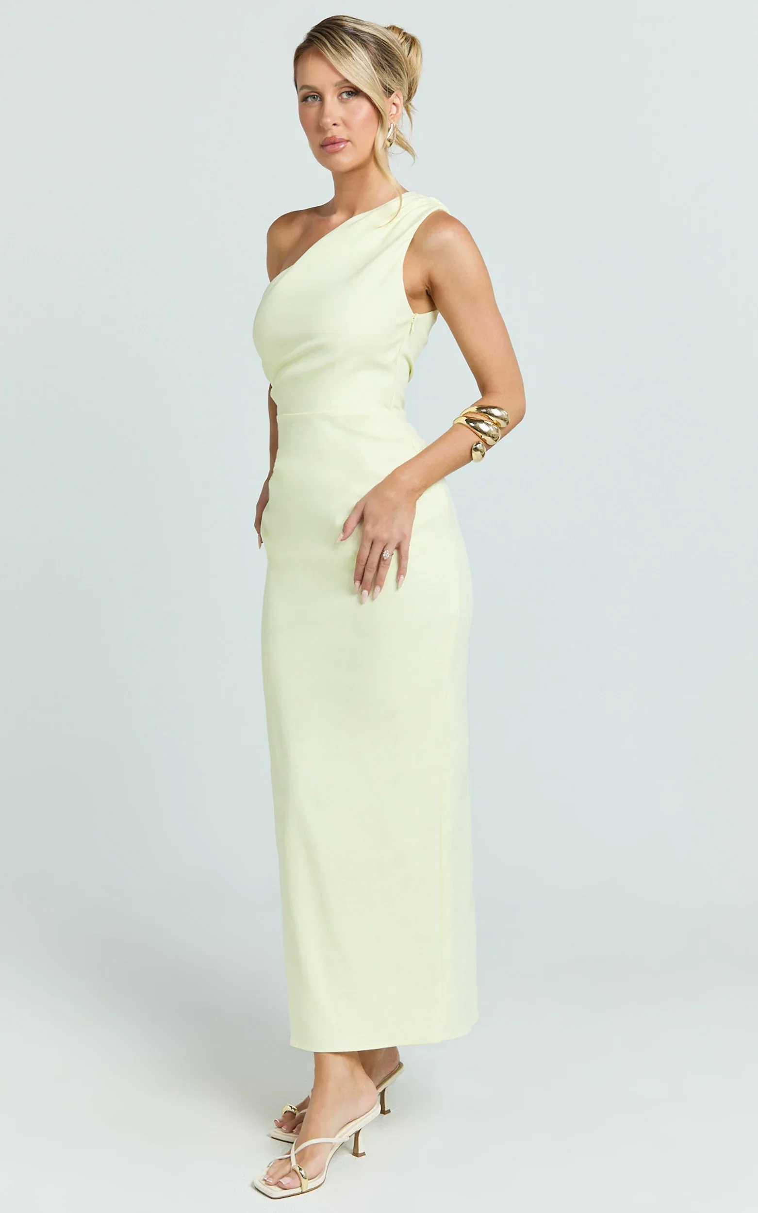 Karlie Midi Dress - One Shoulder Fitted Dress in Lemon