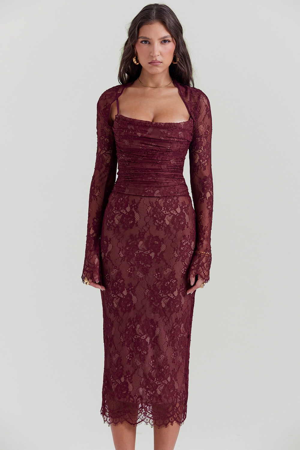 claret lace midi dress