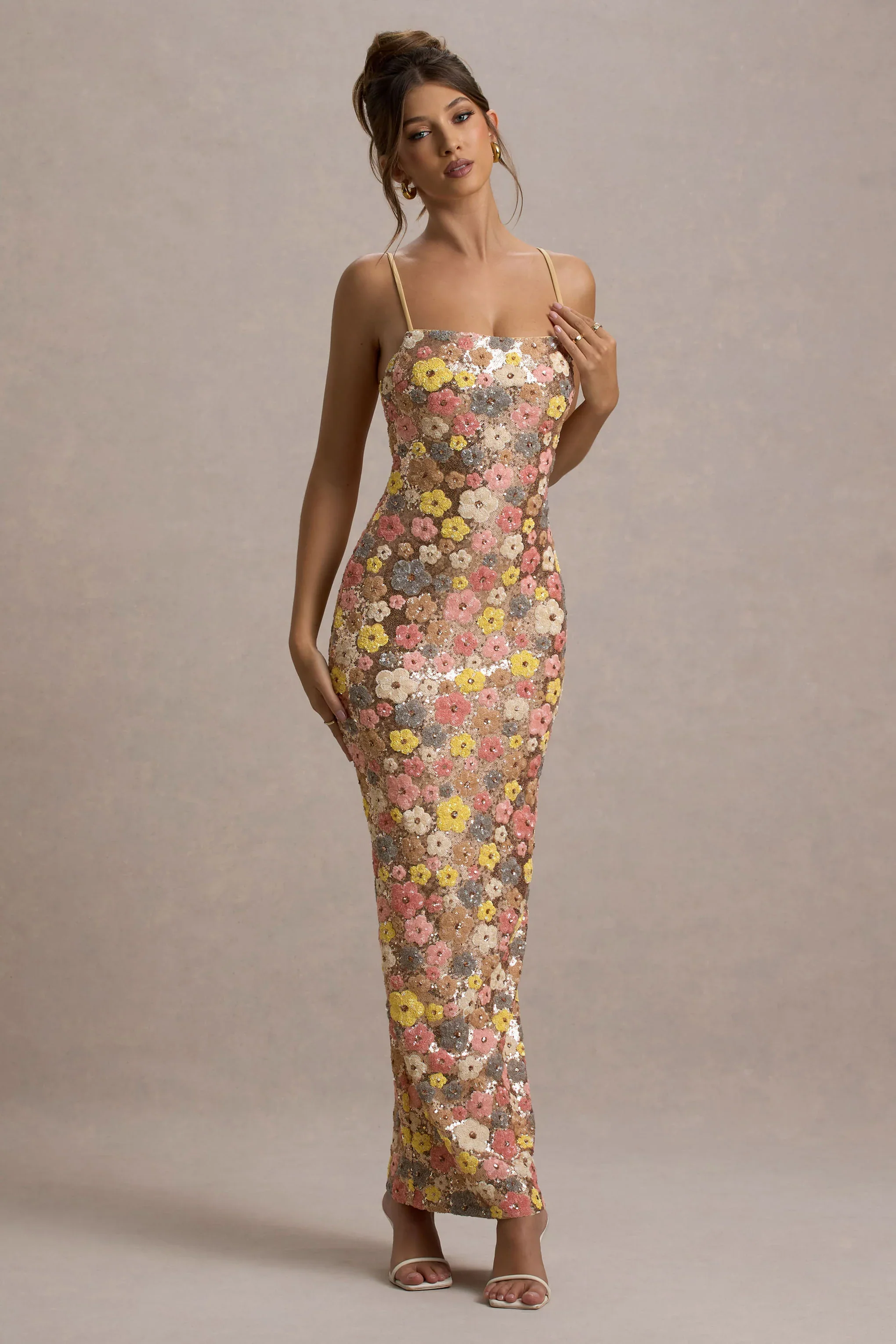 Vitora | Pastel Floral Print Sequin Square-Neck Maxi Dress