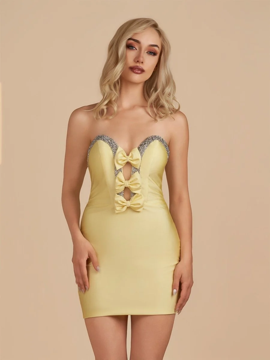 Yellow Bodycon Strapless Cut Out Satin Beaded Homecoming Dress With Bows