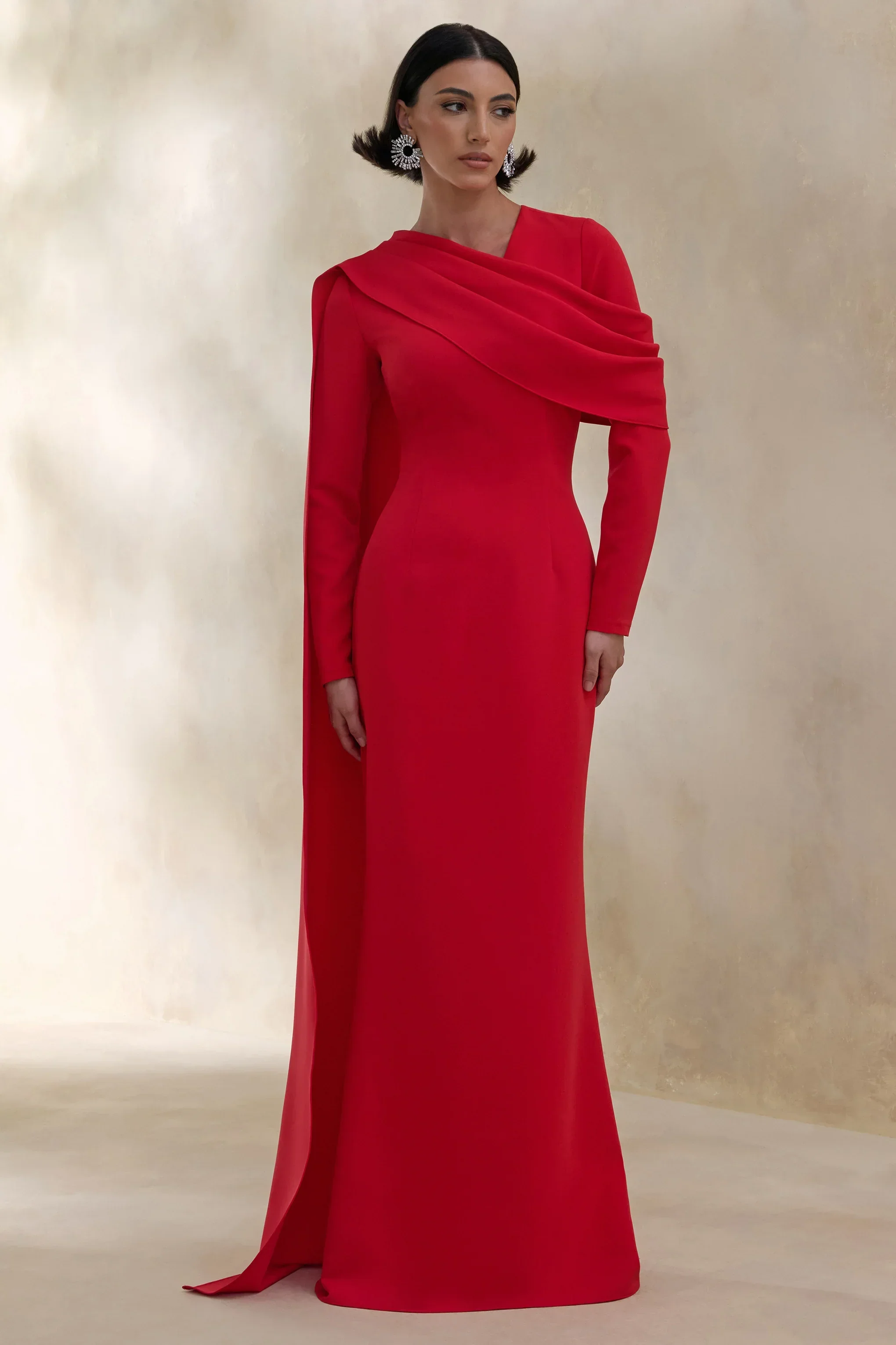 Heliora | Red V-Neck Maxi Dress With Sash And Draped-Detail