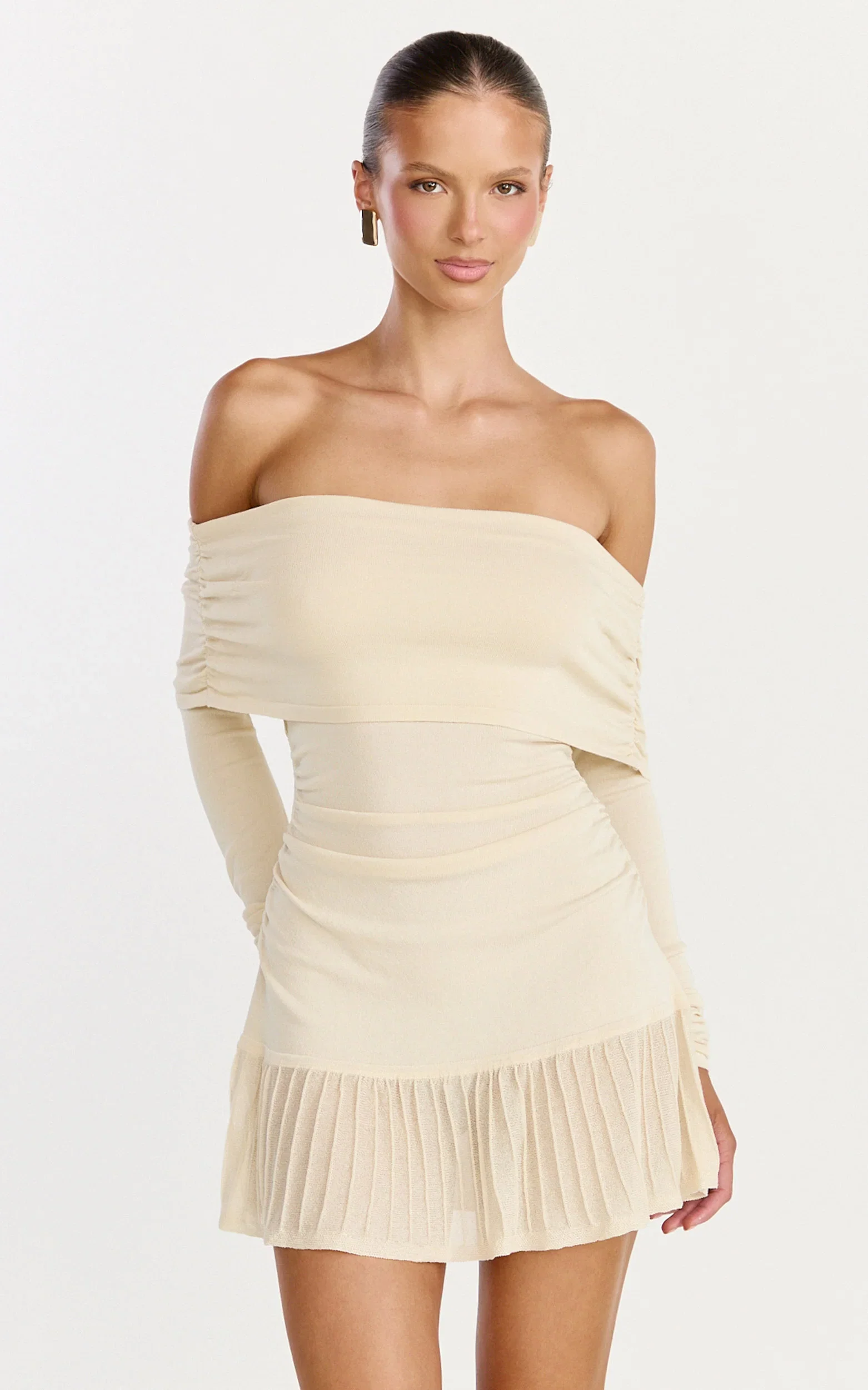 Roxy Mini Dress - Off Shoulder Long Sleeve Pleated Skirt Dress in Cream