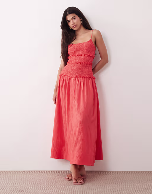 crinkle maxi sundress with shirred dropped waist in red