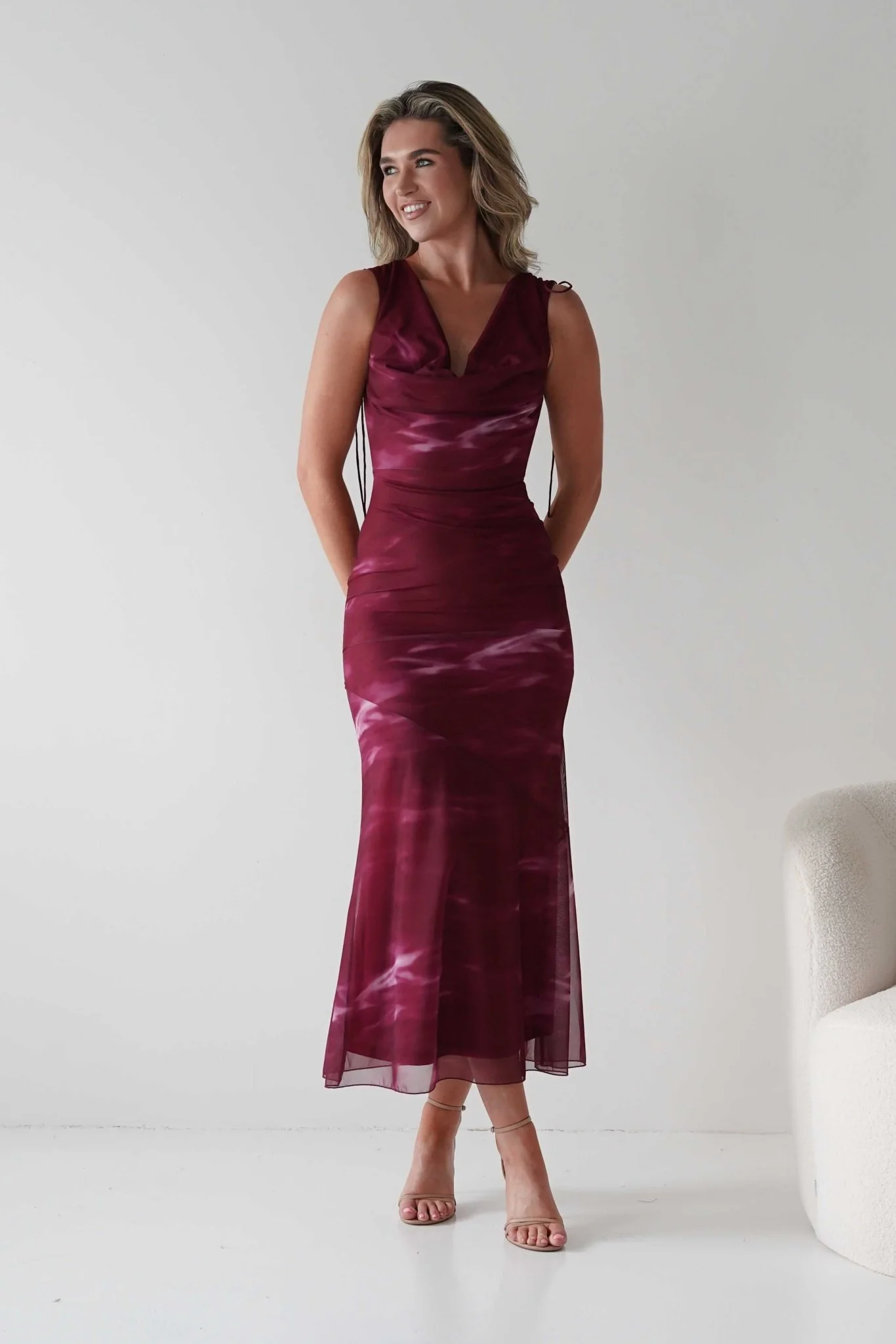 Drew Mesh Printed Maxi Dress | Wine Print