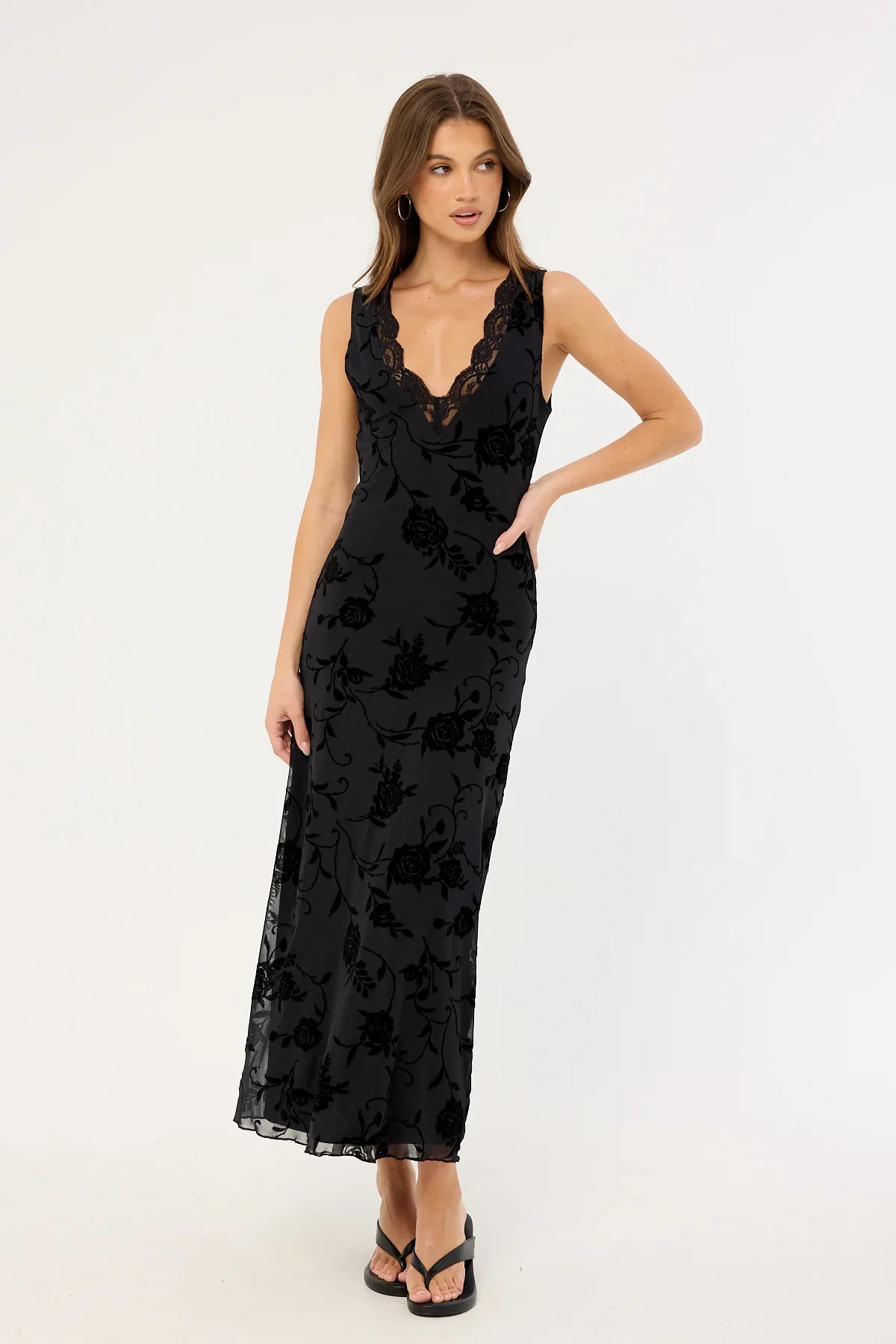 Motel Saga Midi Dress Rose Flock Black