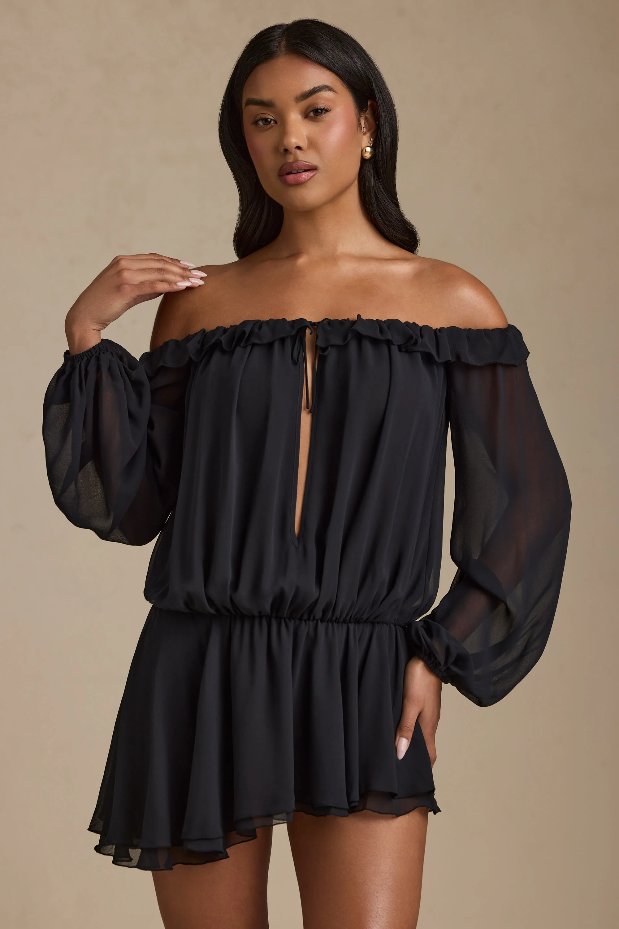 Off-Shoulder Asymmetric Balloon-Sleeve Mini Dress in Black