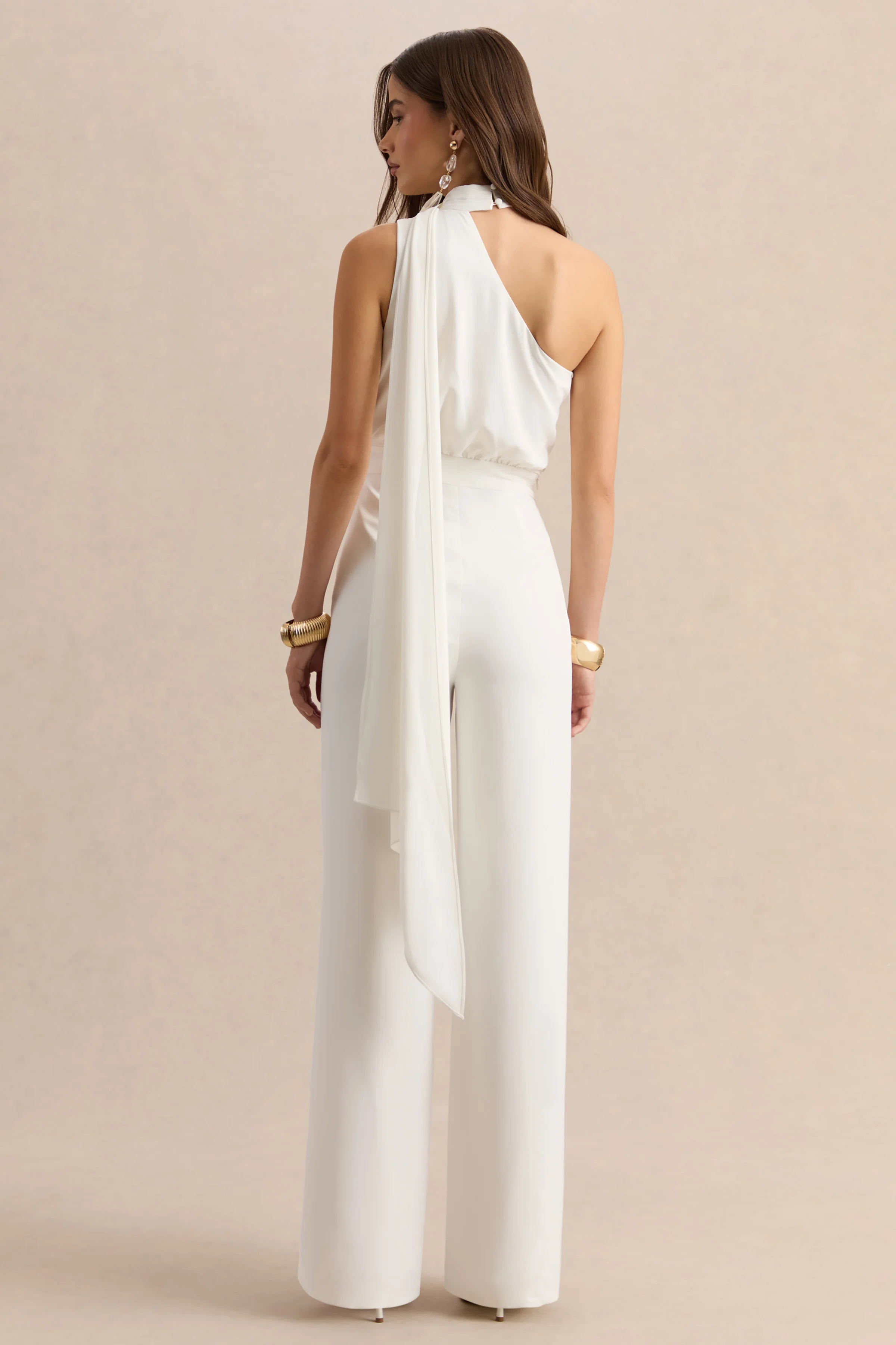 Gliselle | White Asymmetric-Neck Jumpsuit With Scarf-Detail
