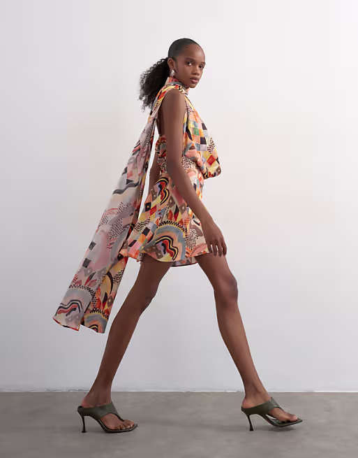 Topshop draped scarf neck mini dress in mosaic print
