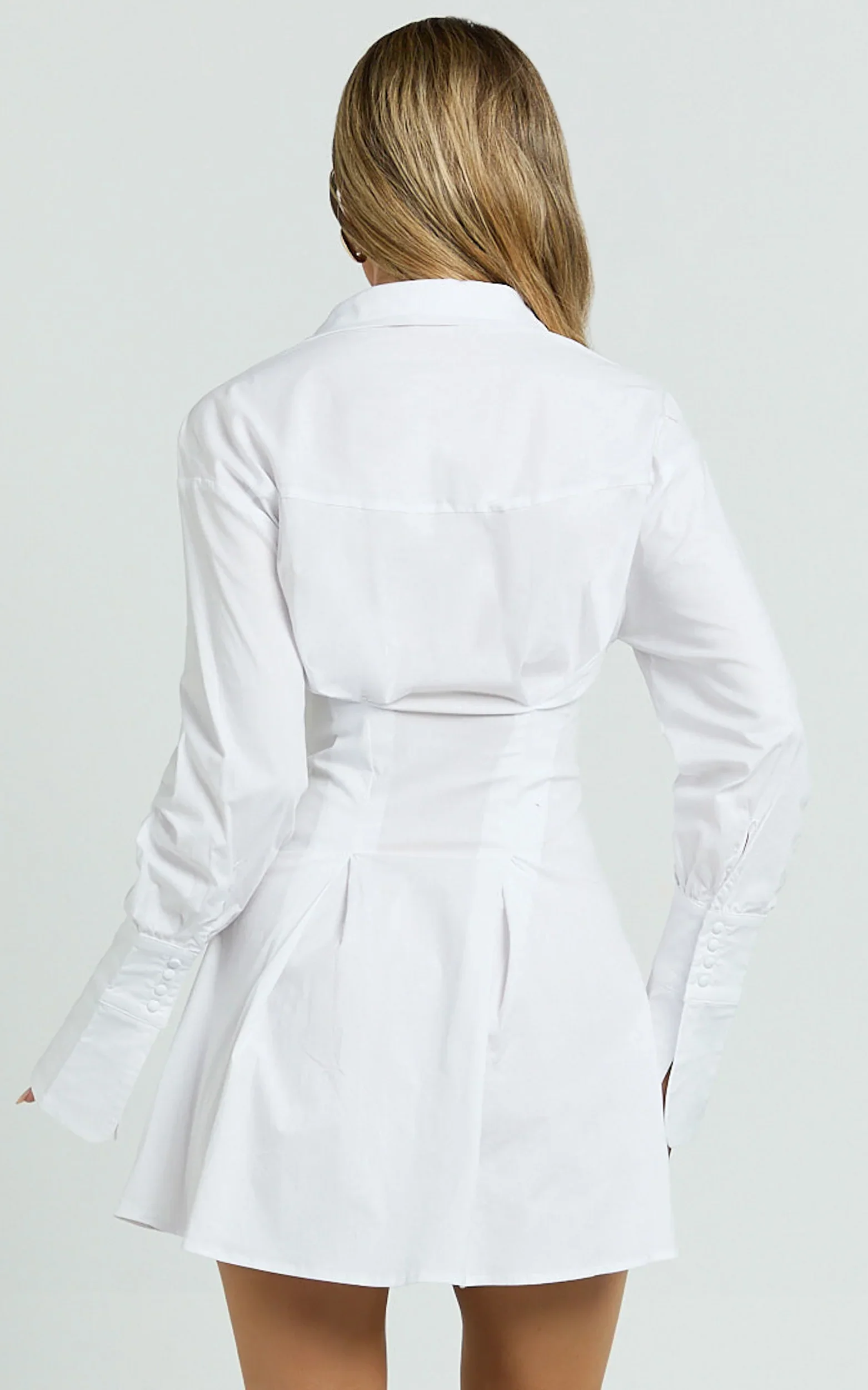 Yasmina Mini Dress - Button Front Long Sleeve Fit And Flare Dress in White