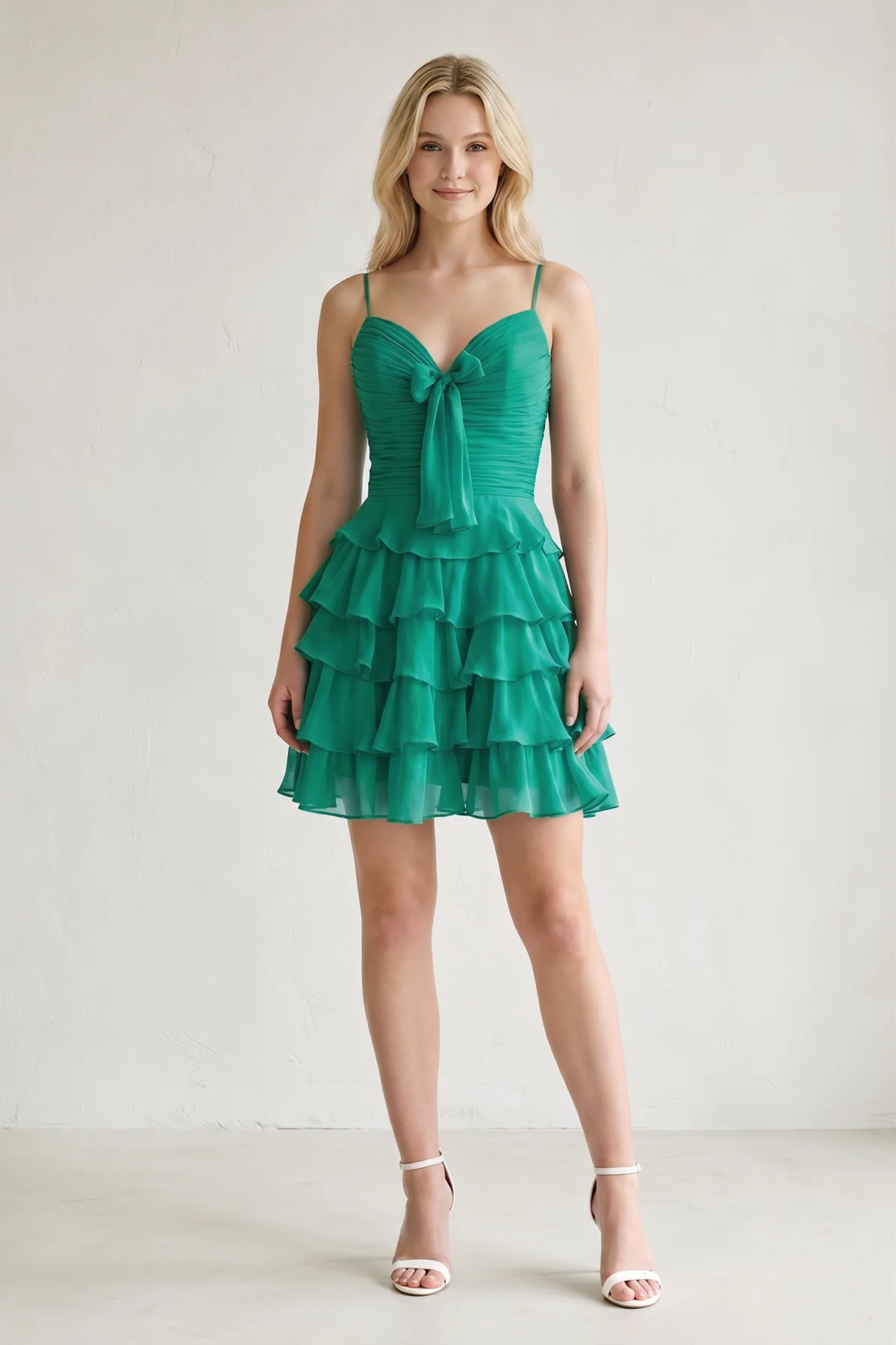 Pink Spaghetti Straps A Line Chiffon Ruffles Homecoming Dresses With Bow