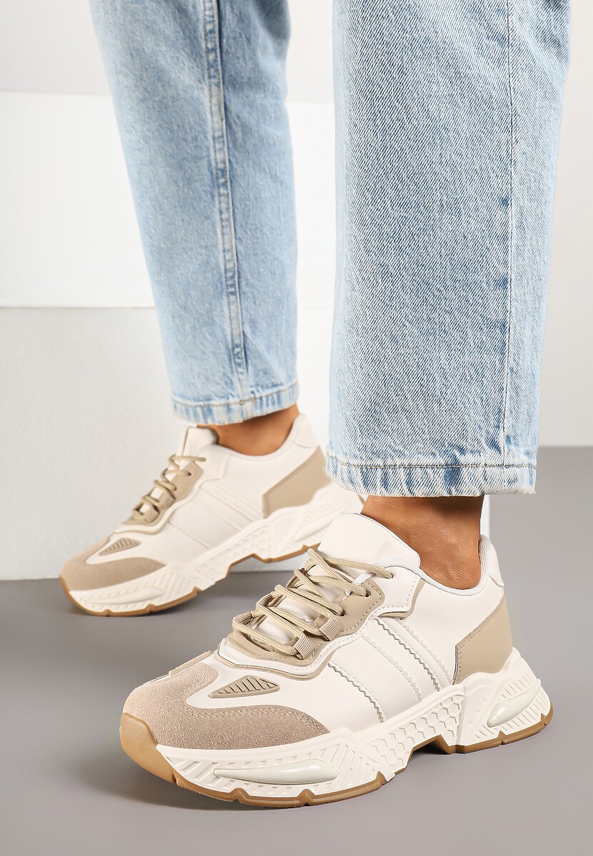 Ciemnobeżowe Sneakersy w Streetwearowym Stylu z Ozdobnymi Przeszyciami Isallena
