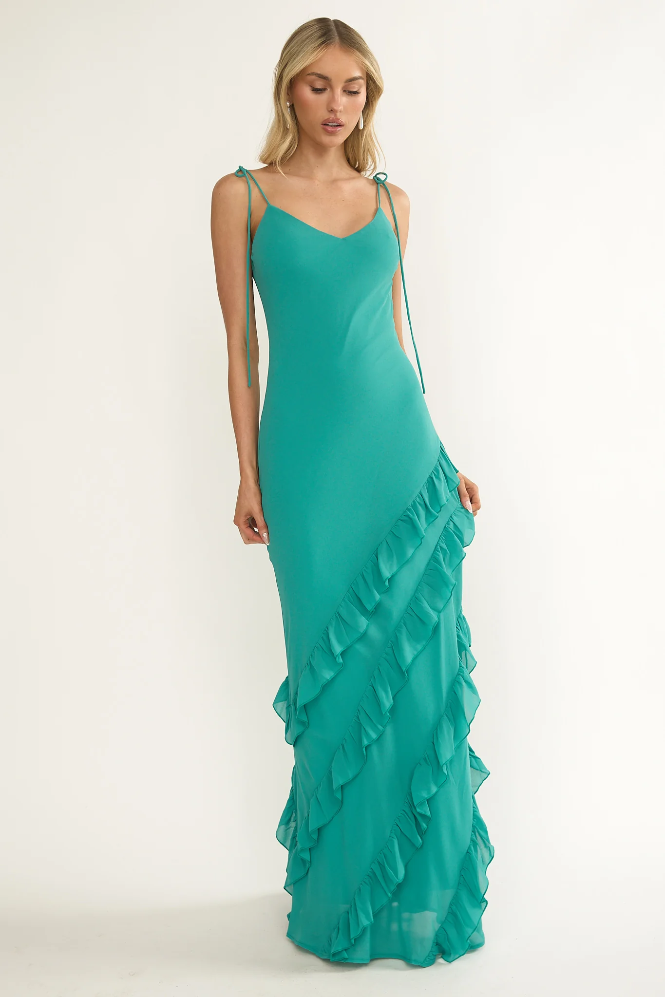 Dreamy Day Ruffle Trim Maxi Dress Turquoise - luluinthesky