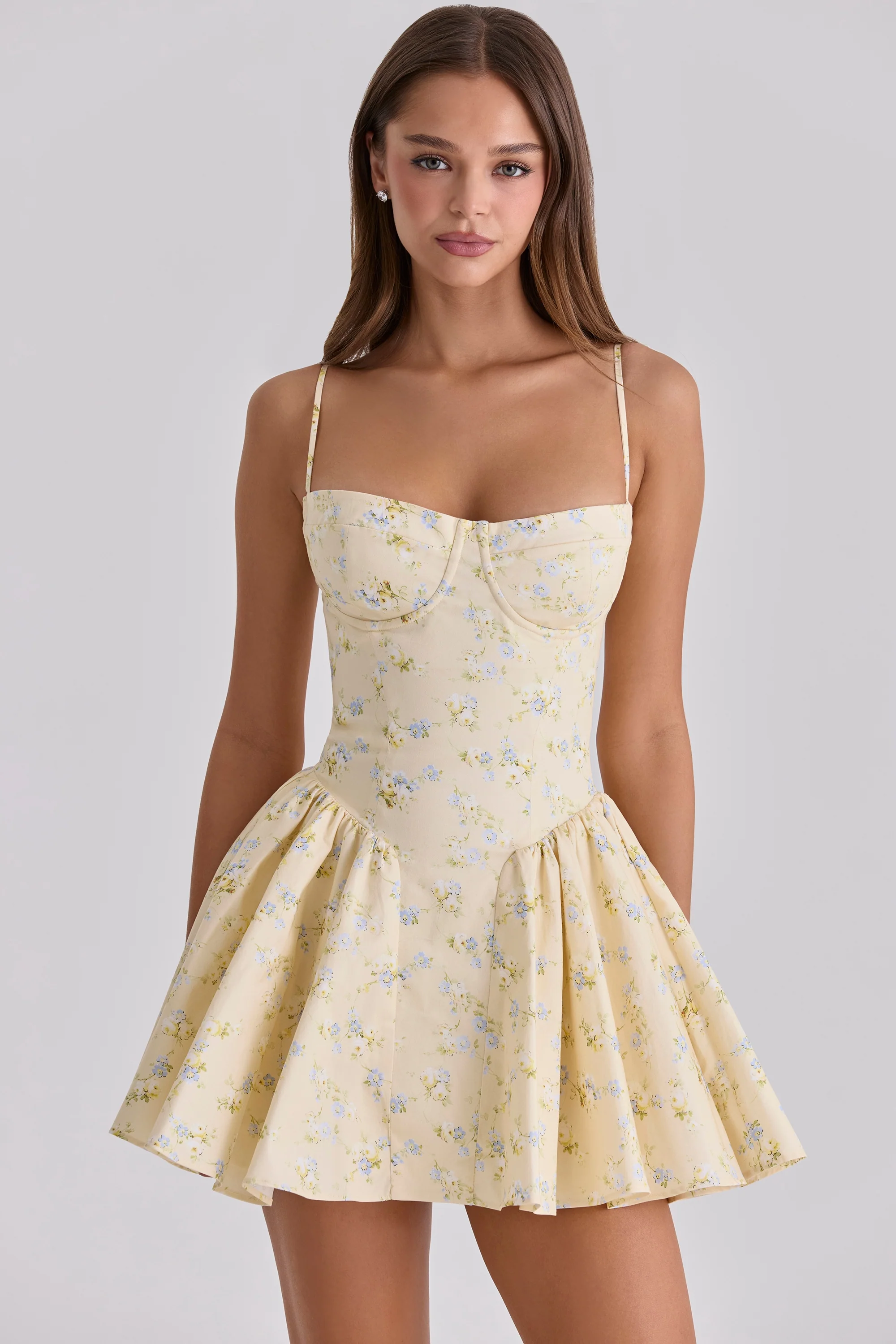 Lemon Floral Print Cotton Corset Mini Dress
