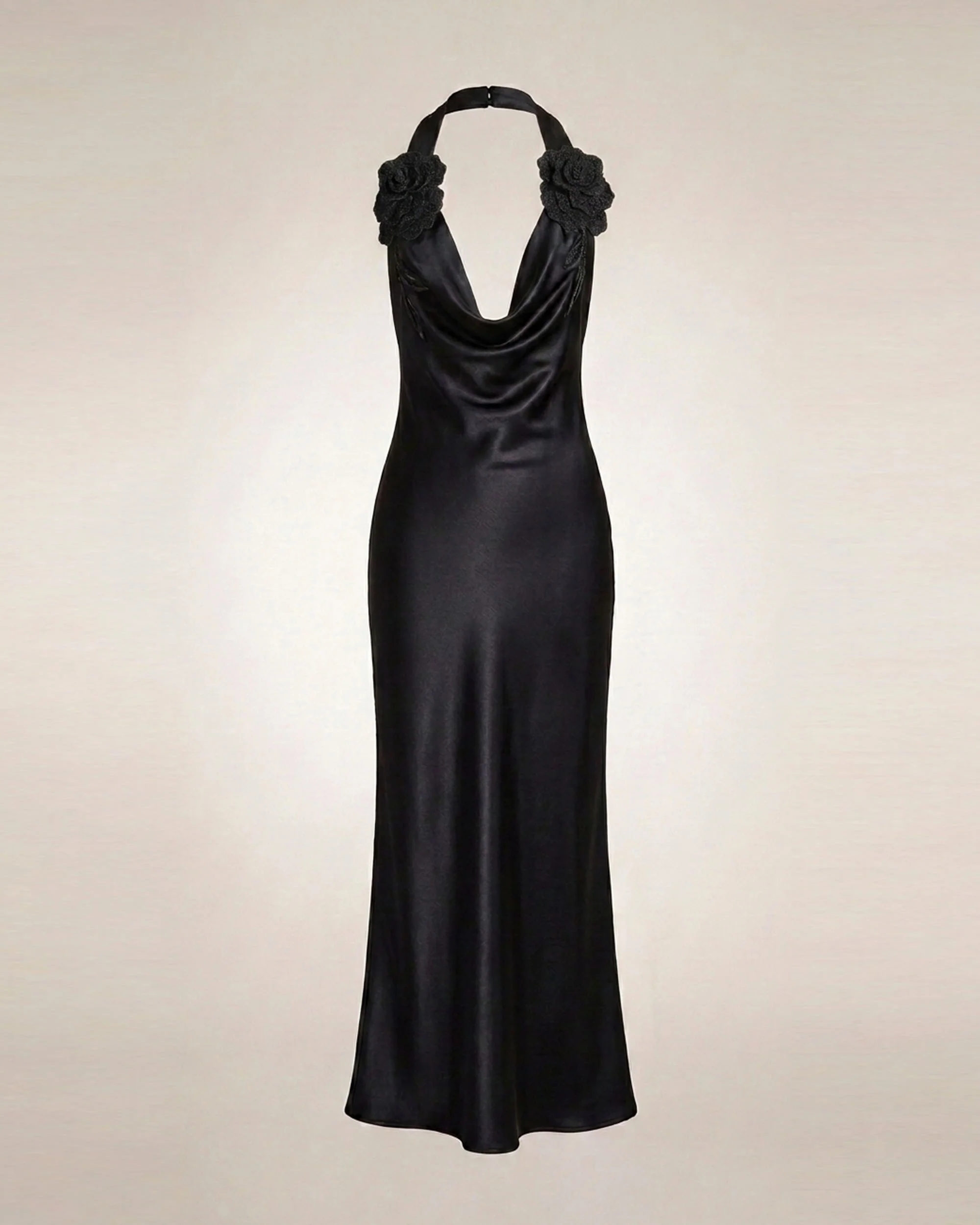 Flower Embroidered Cowl Halter Maxi Dress - Black