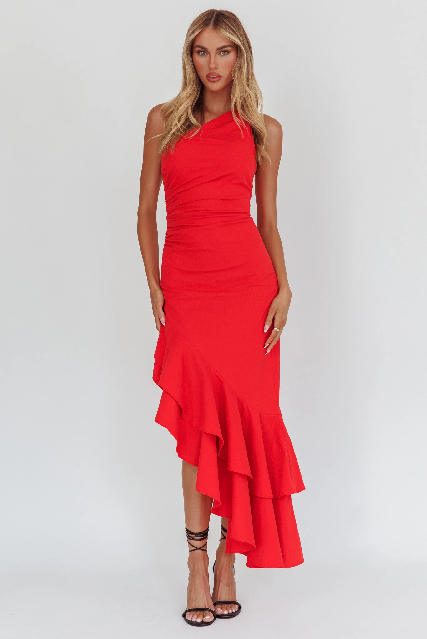 Bold Love One-Shoulder Asymmetric Hem Dress Red