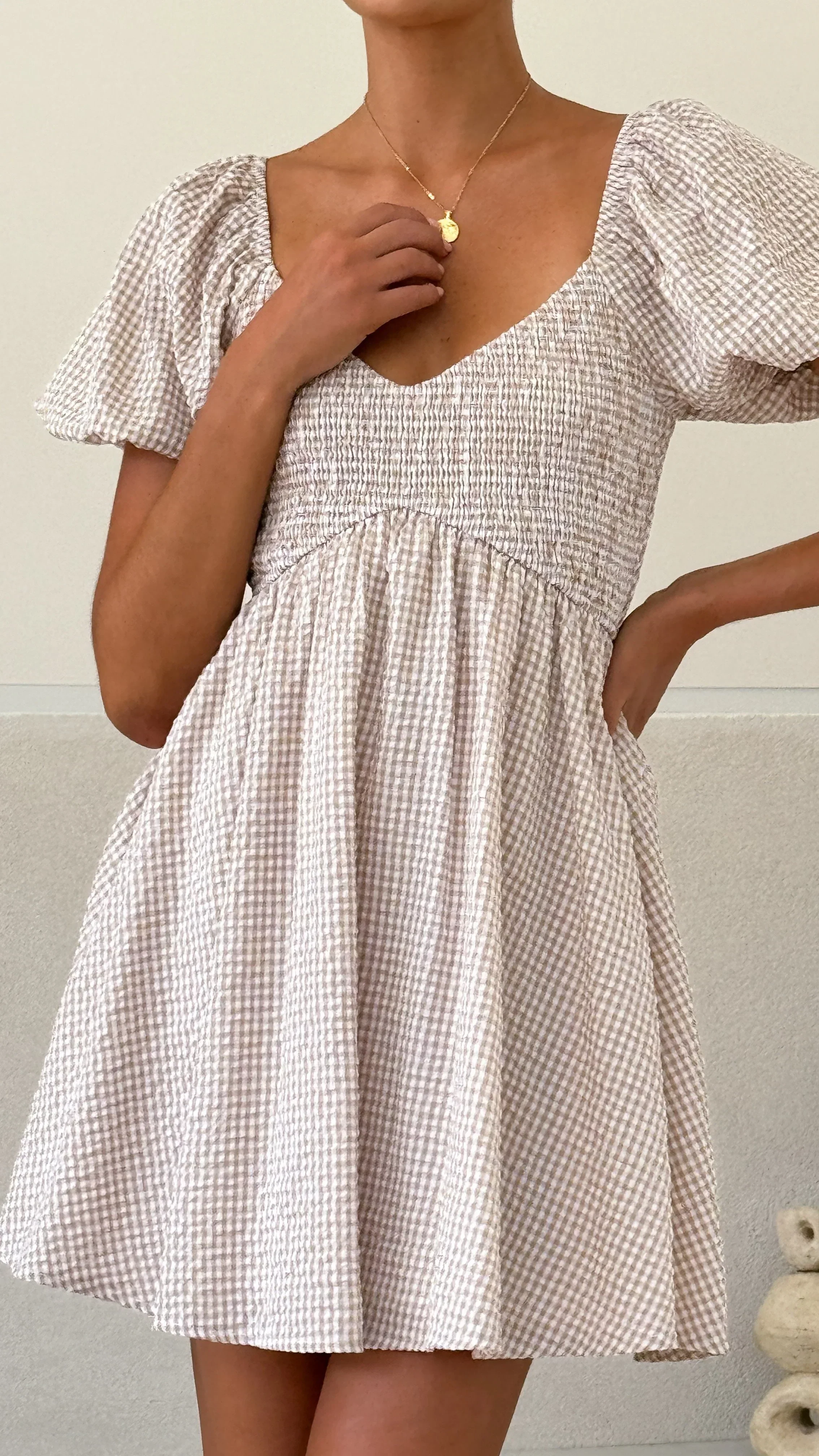 Sahirah Mini Dress - Beige / White Gingham - luluinthesky