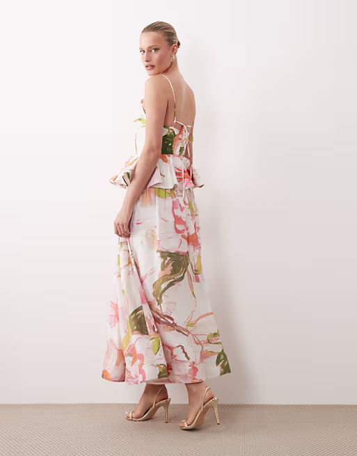 embellished peplum midi dress in watercolor floral print