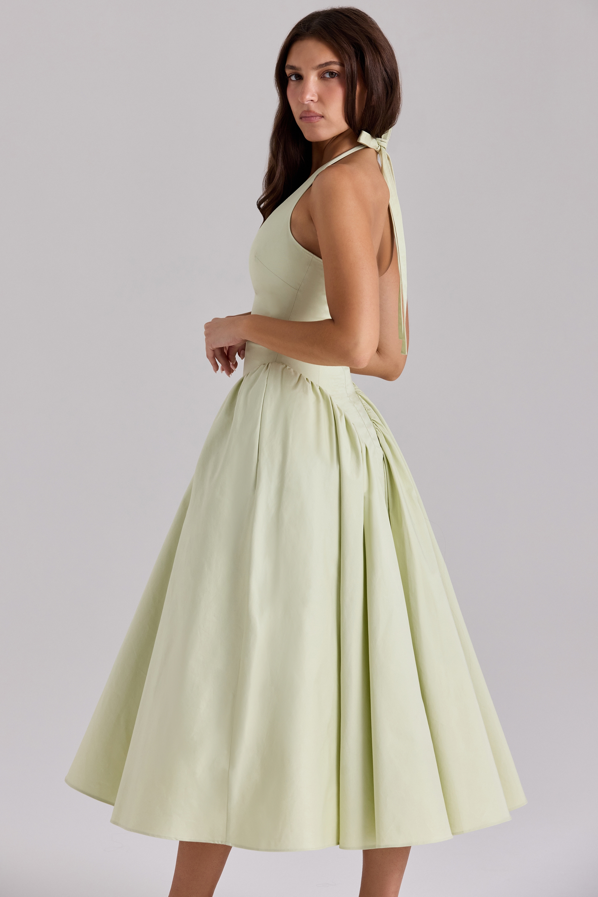 Pistachio Cotton Halter Midi Sundress