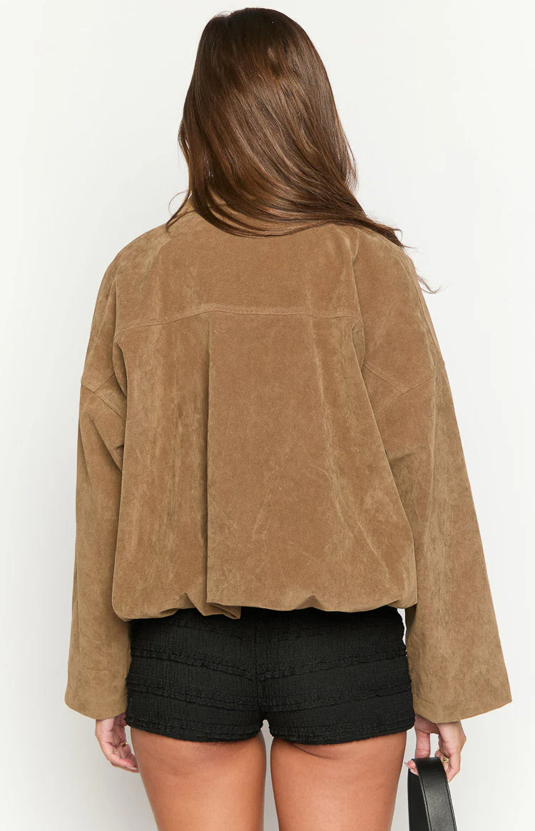 River Brown Suede Bubble Hem Bomber Jacket