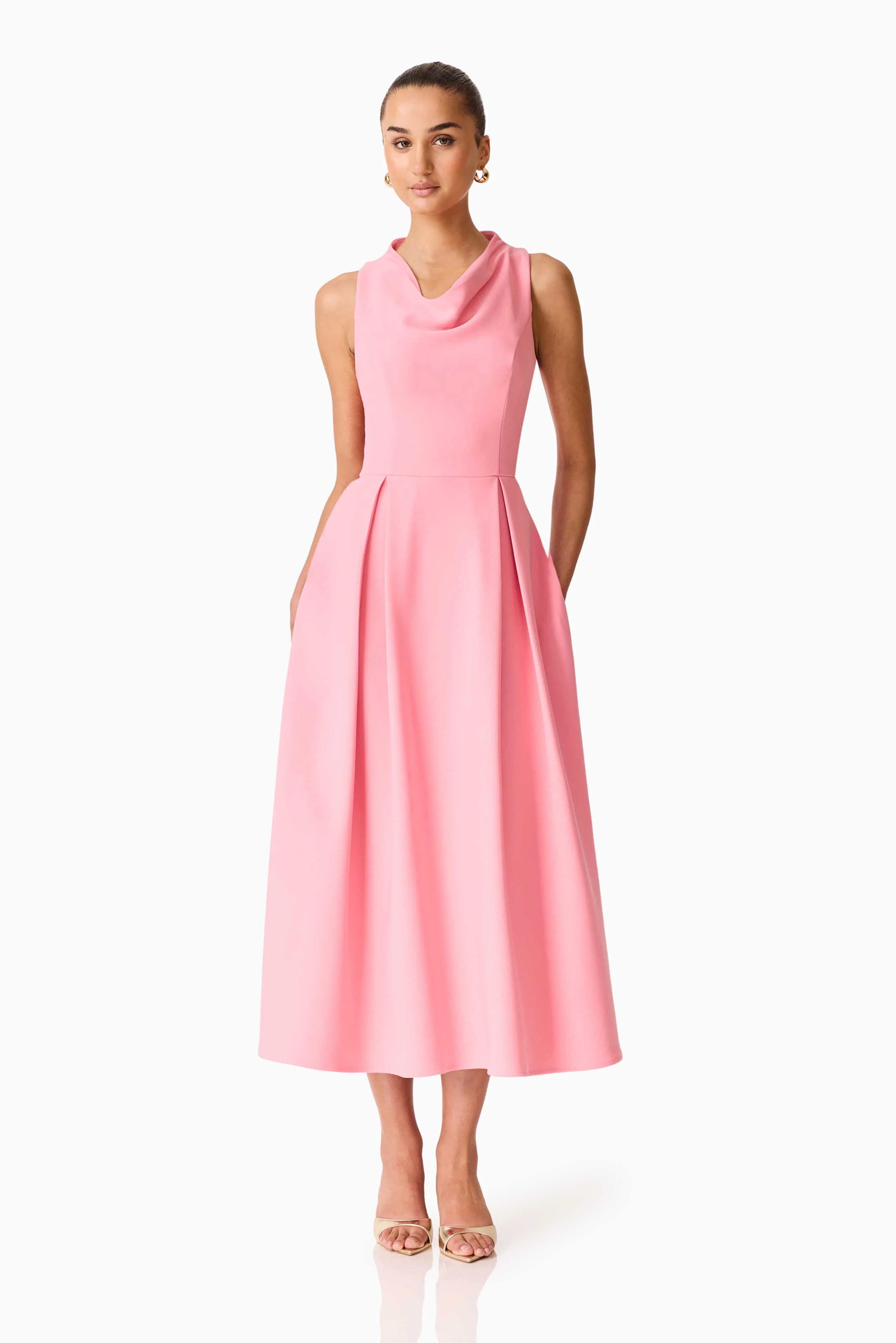Risa Cowl Neck Gown Dress in Bubblegum Pink