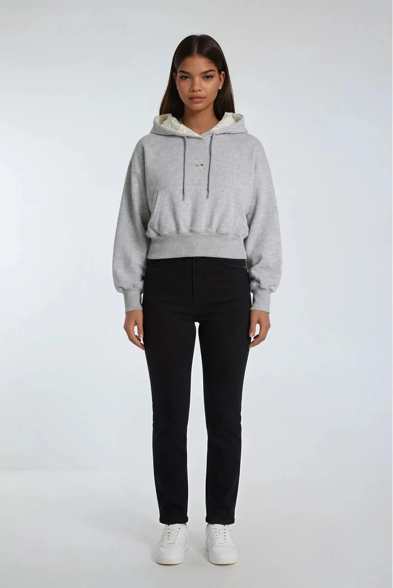 Cropped Lace-Lined Hood & Embroidered-Bow Hoodie