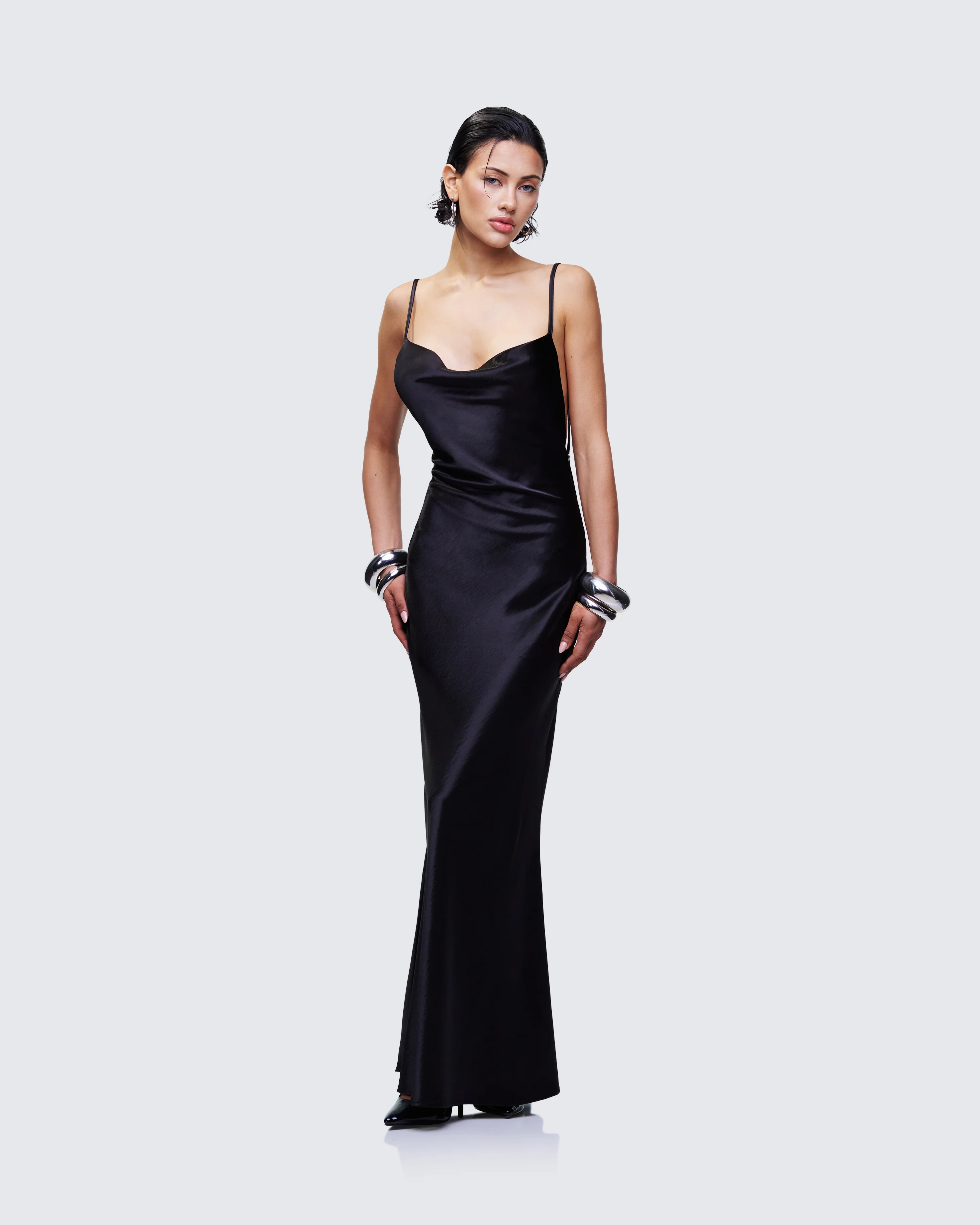 Elspeth Black Satin Bias Slip Maxi Dress