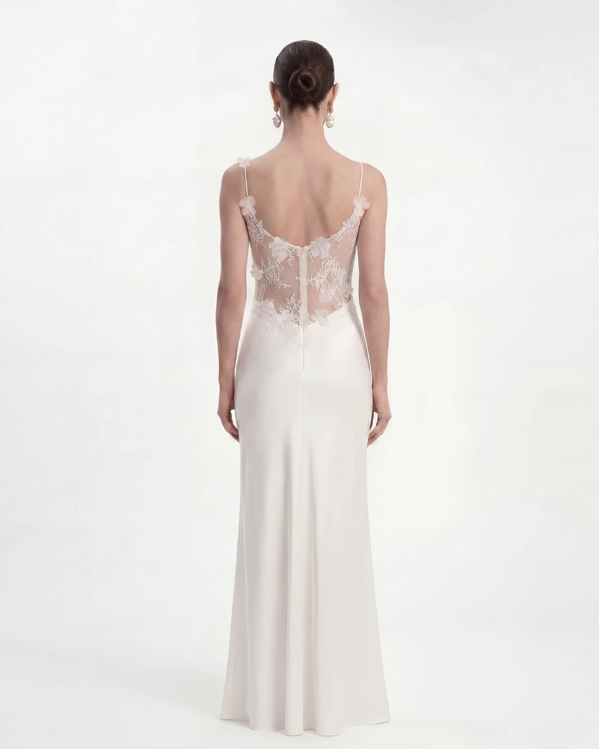Floral Appliqué Sheer Lace Maxi Dress - White
