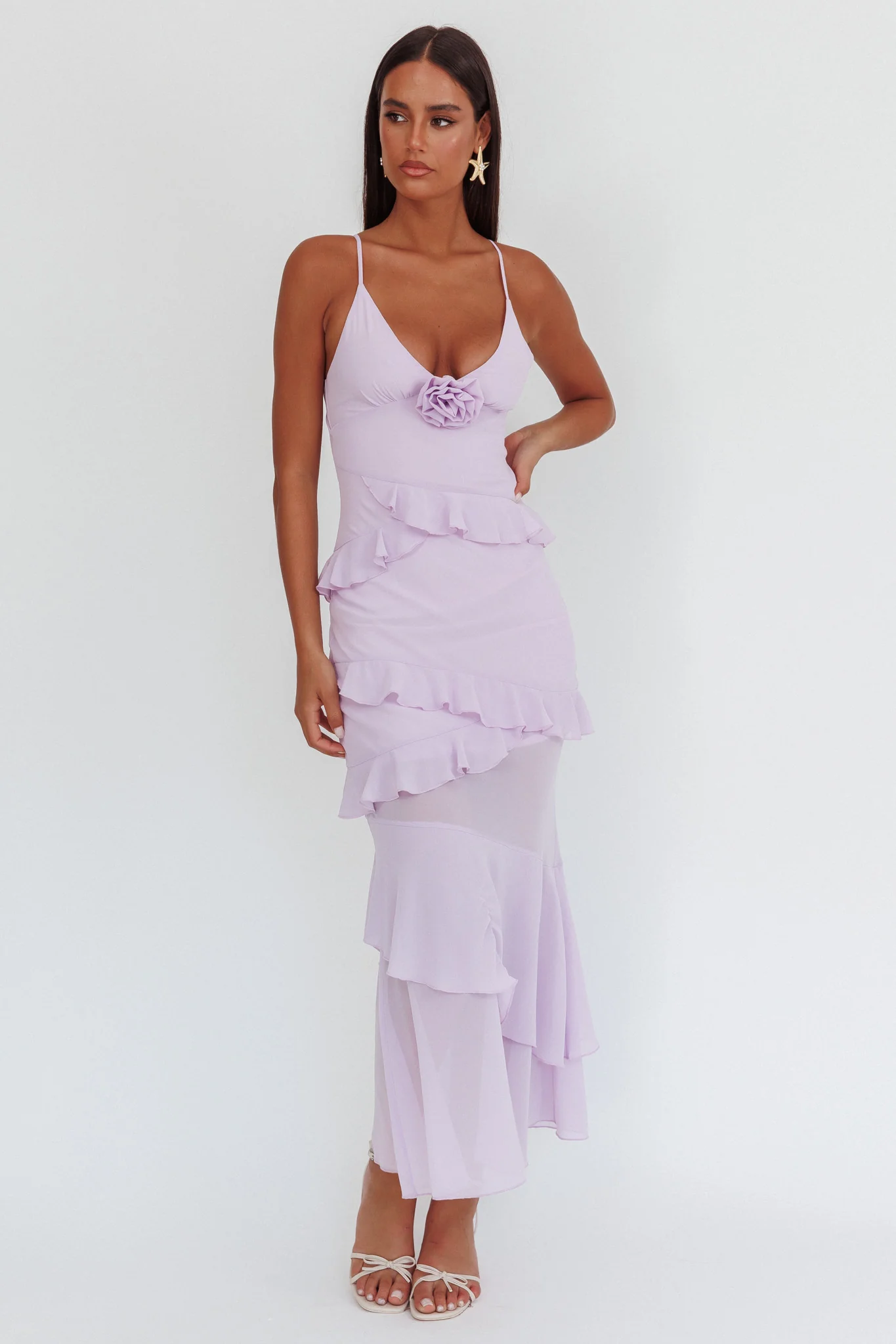 Marlie Frill Trim Rosette Maxi Dress Lilac