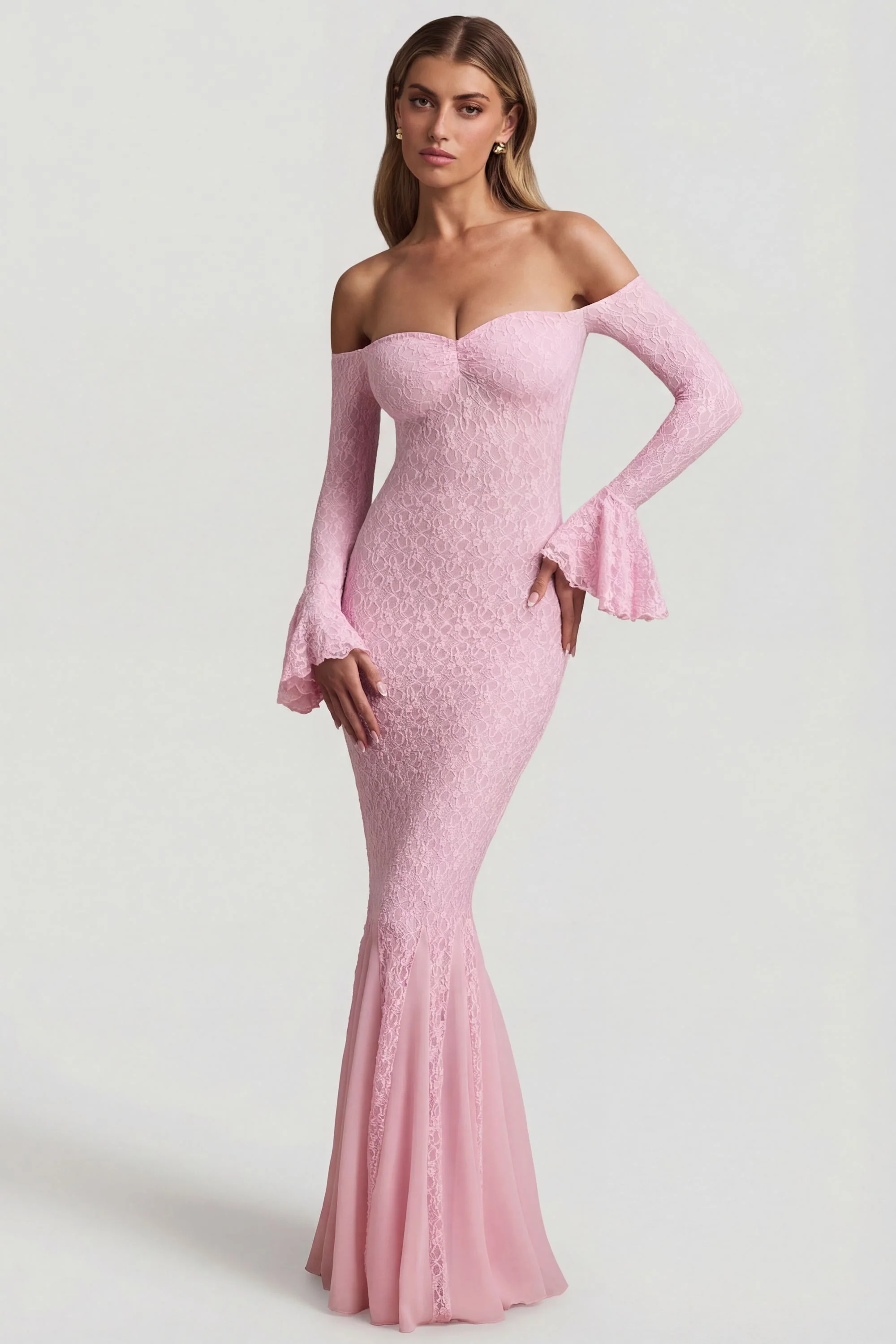Off-Shoulder Ruffle Lace Maxi Dress in Soft Pink