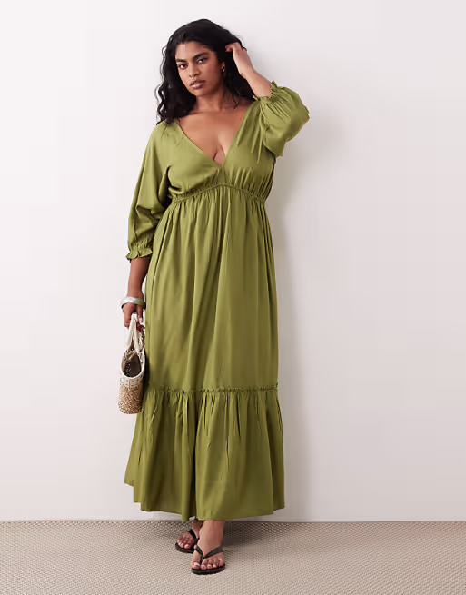 Esmée Curve long sleeve maxi beach dress in olive