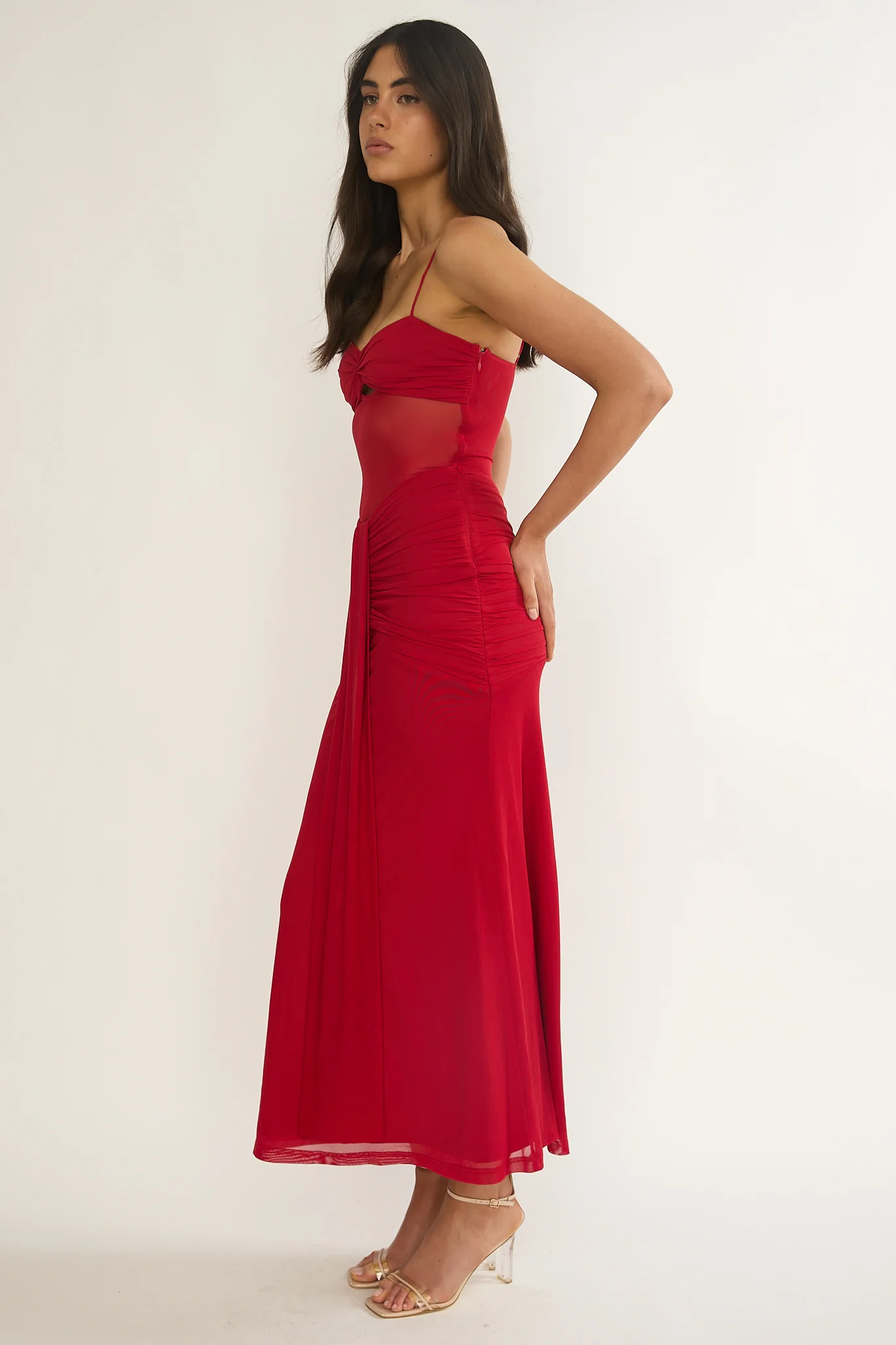 Kamilah Ruched Sheer Waist Maxi Dress Red