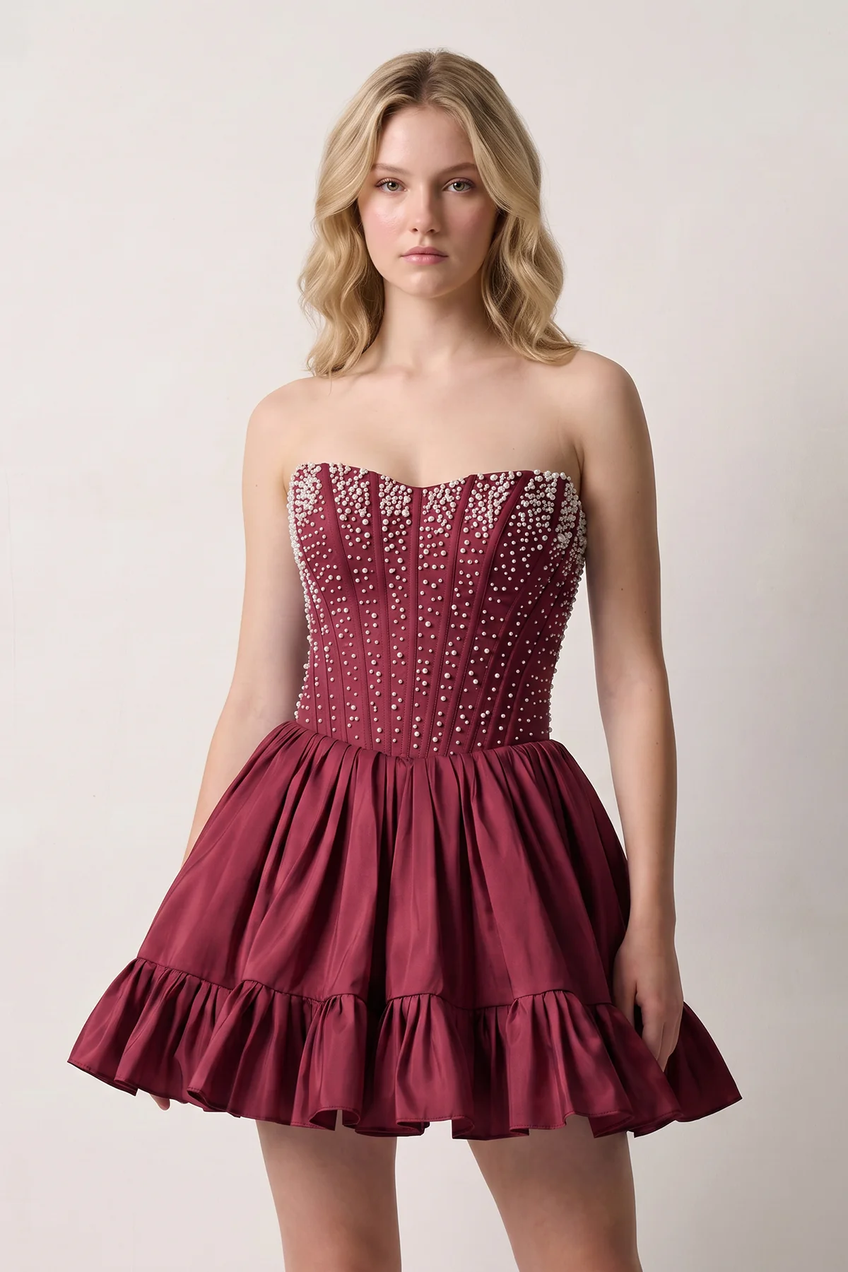 Sky Blue Strapless A Line Satin Ruffles Homecoming Dresses With Pearls
