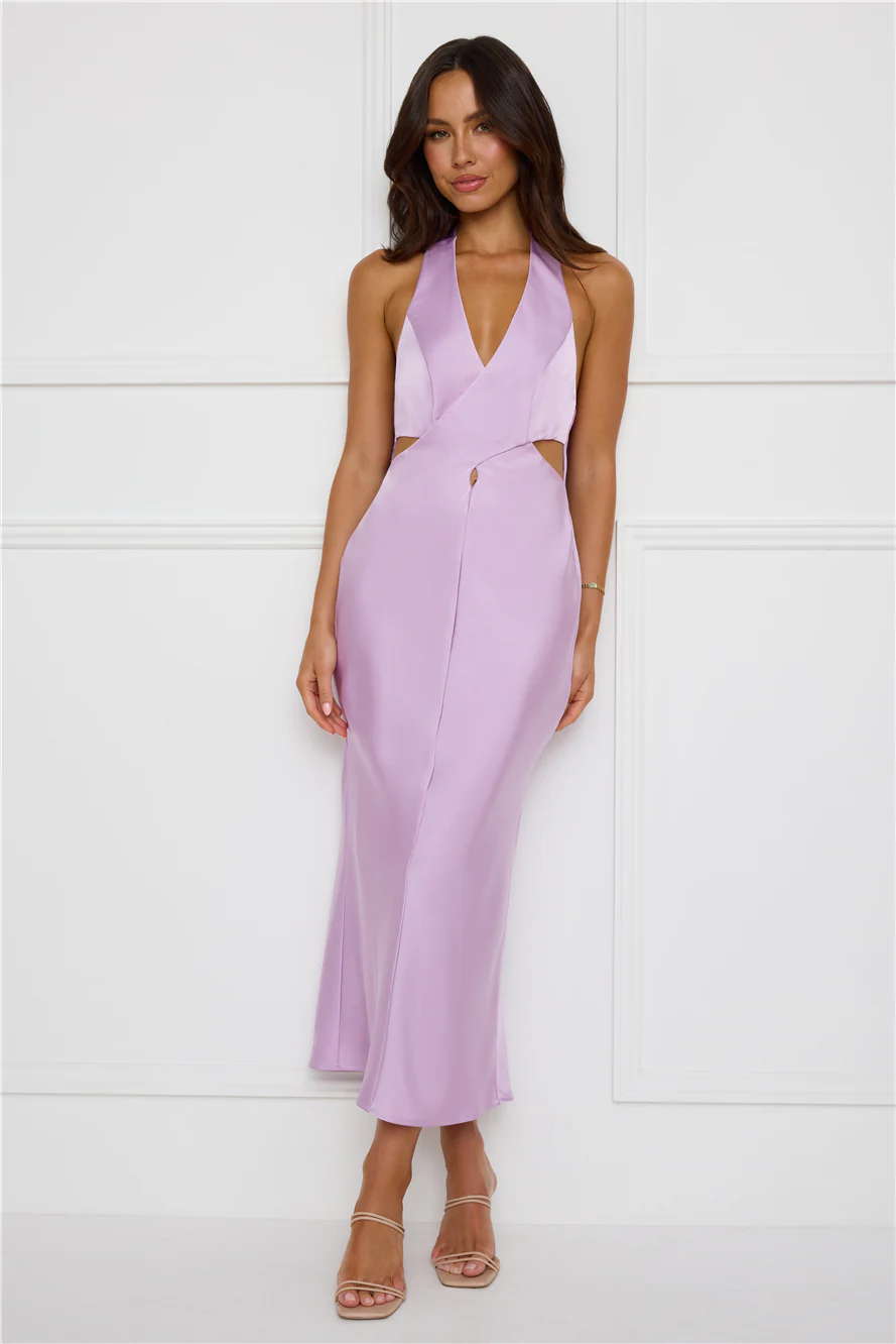 Chic Soirée Satin Halter Midi Dress Lilac