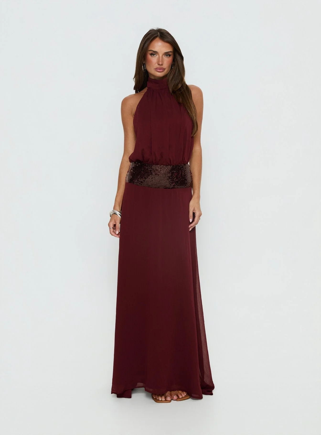 Darwinn Drop Waist Sequin Detail Maxi Dress Burgundy