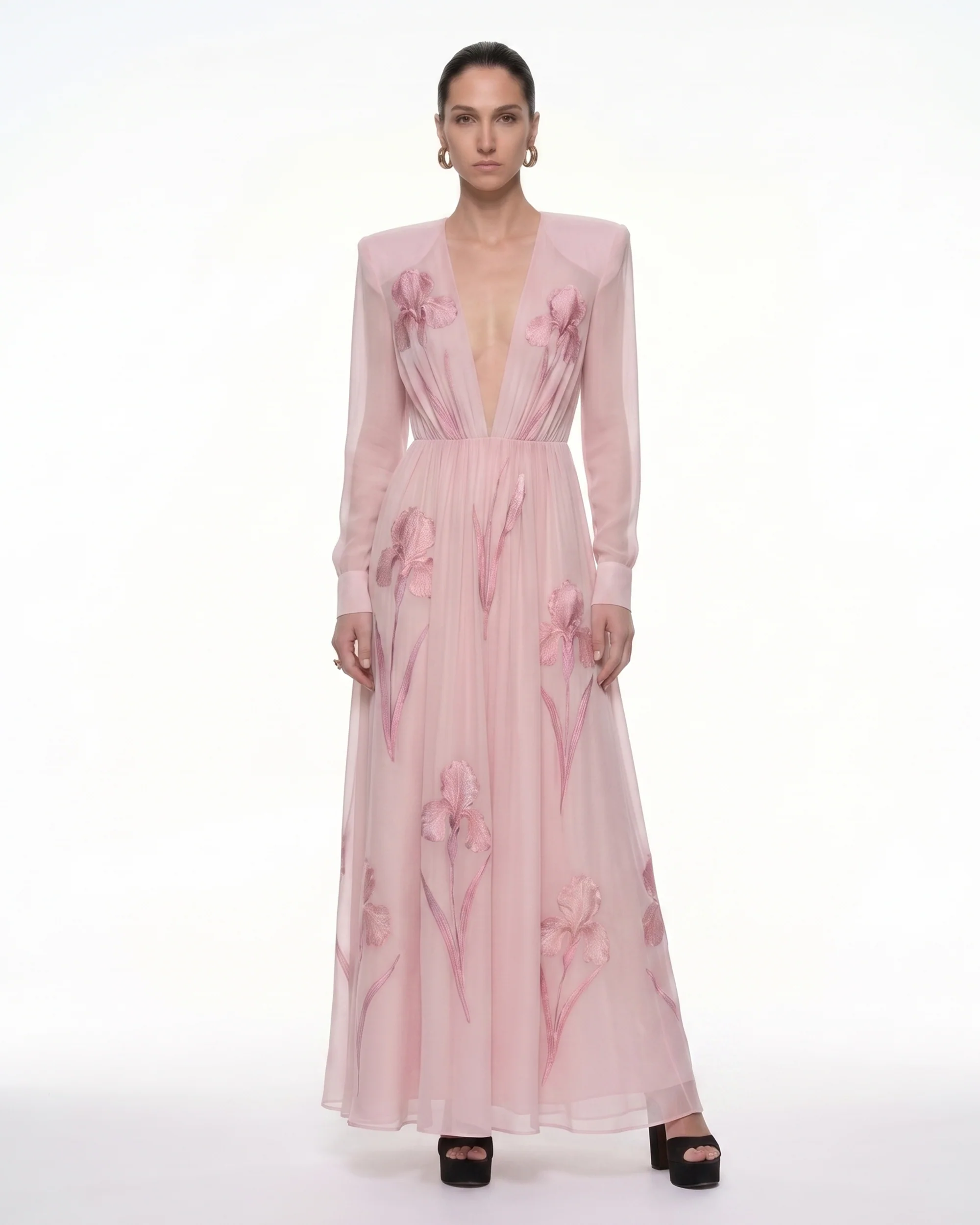 Iris Floral Print Long-Sleeve Sheer Gown - Dusty Pink