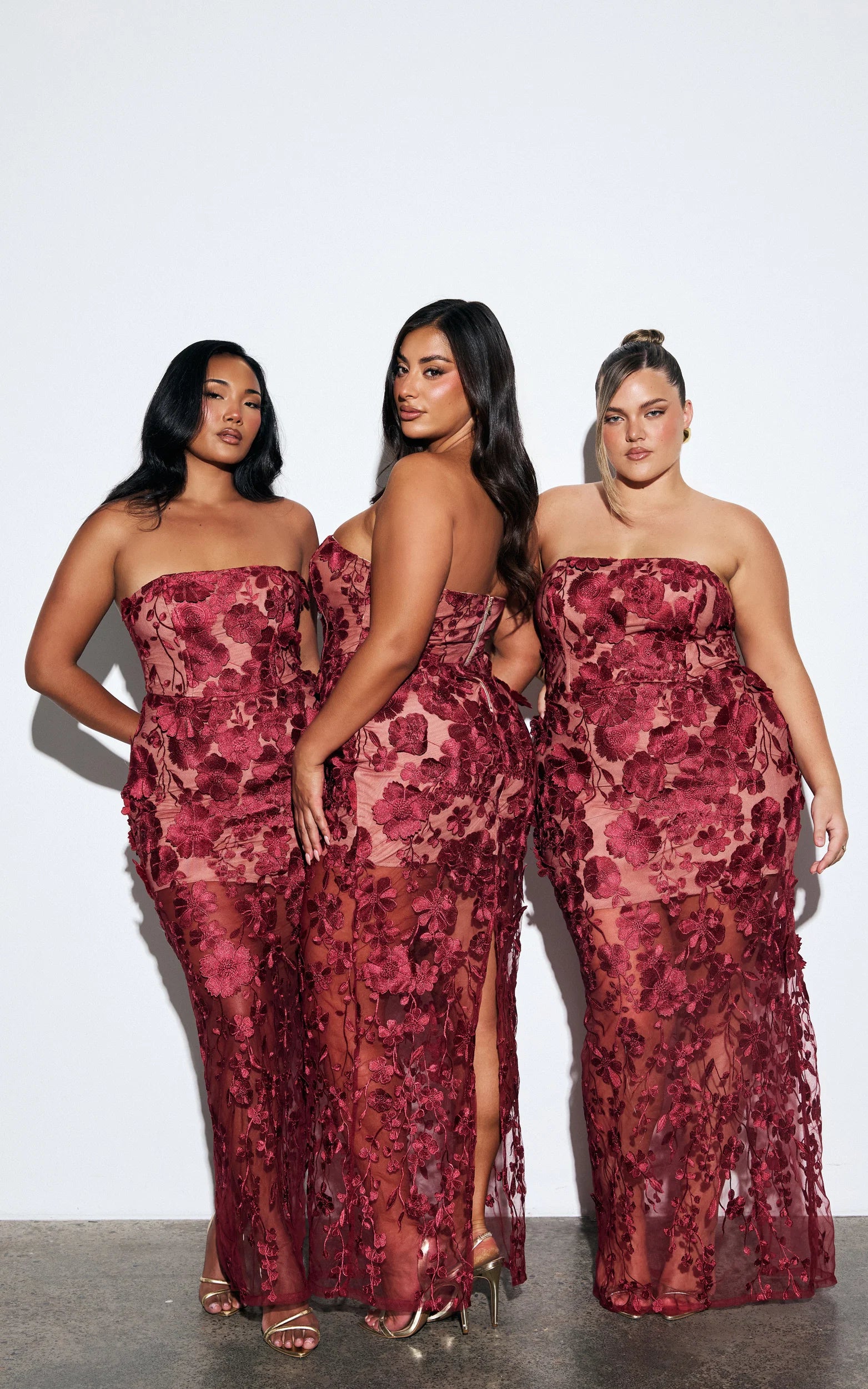 Sienna Maxi Dress - 3D Floral Strapless Column Dress in Wine