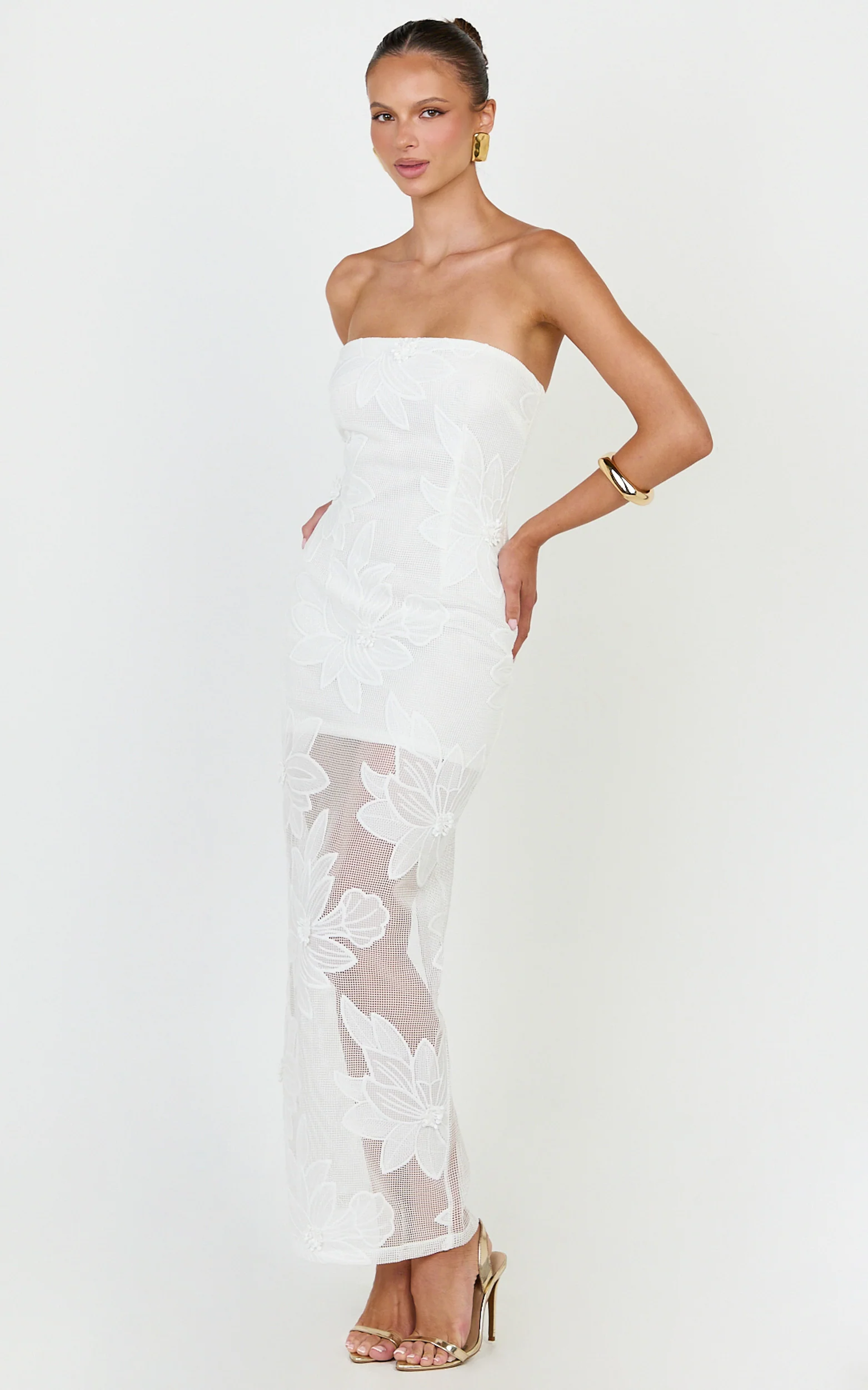 Sienna Midi Dress - Strapless Floral Embroidered Bodycon Dress in White