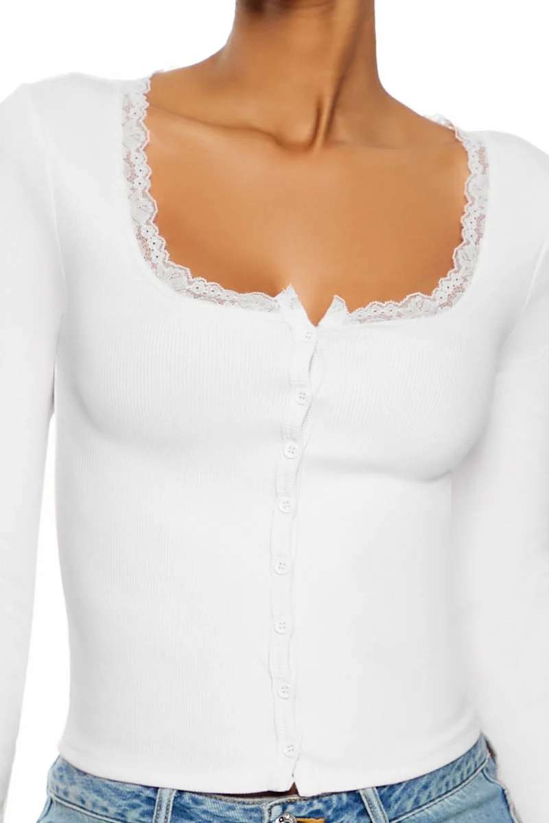Ribbed Lace-Trim Top