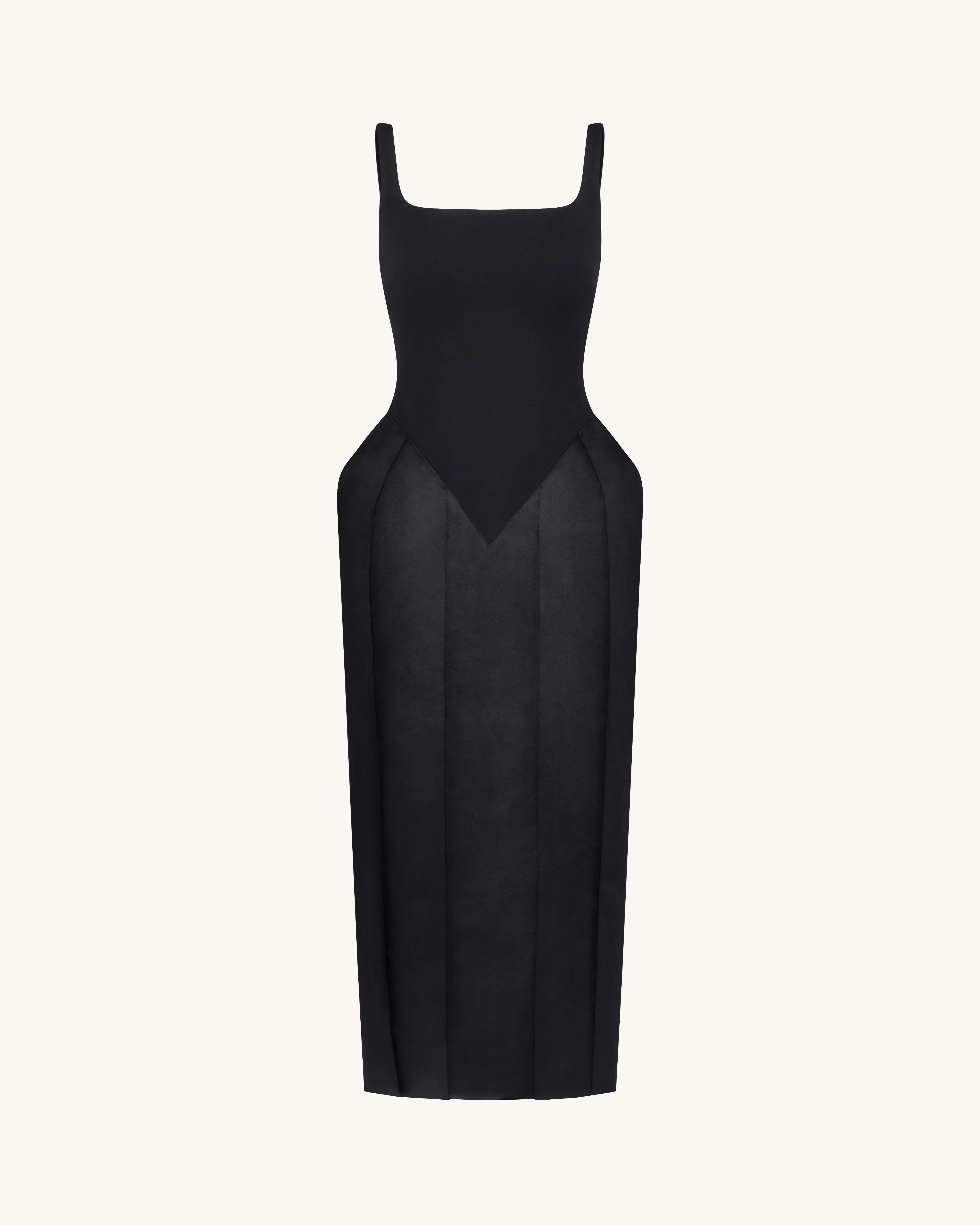 Square Neck Pannier Midi Dress - Black - FASHION NOB