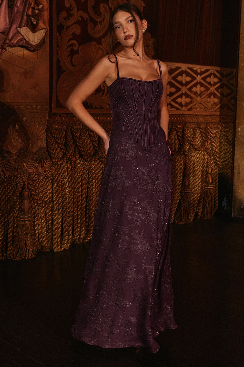 grape lurex chiffon maxi dress