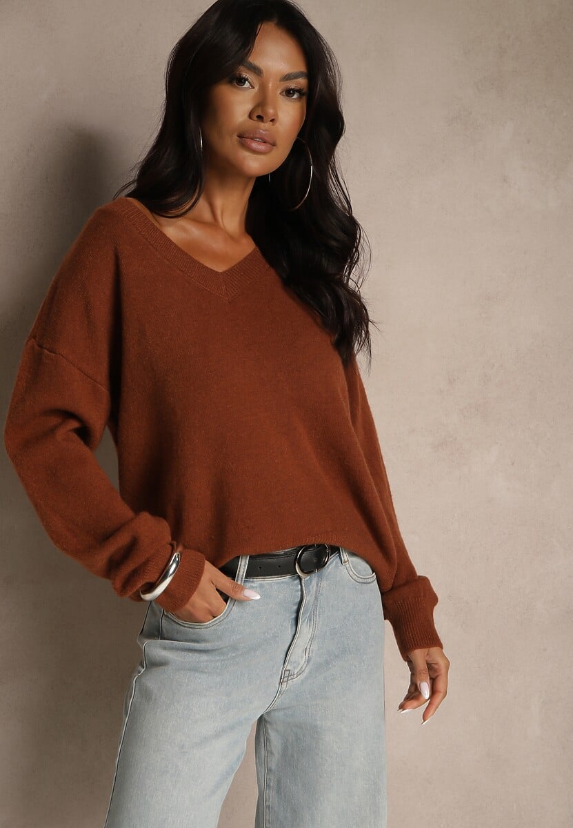 Brązowy Sweter z Wiskozy Oversize Conime