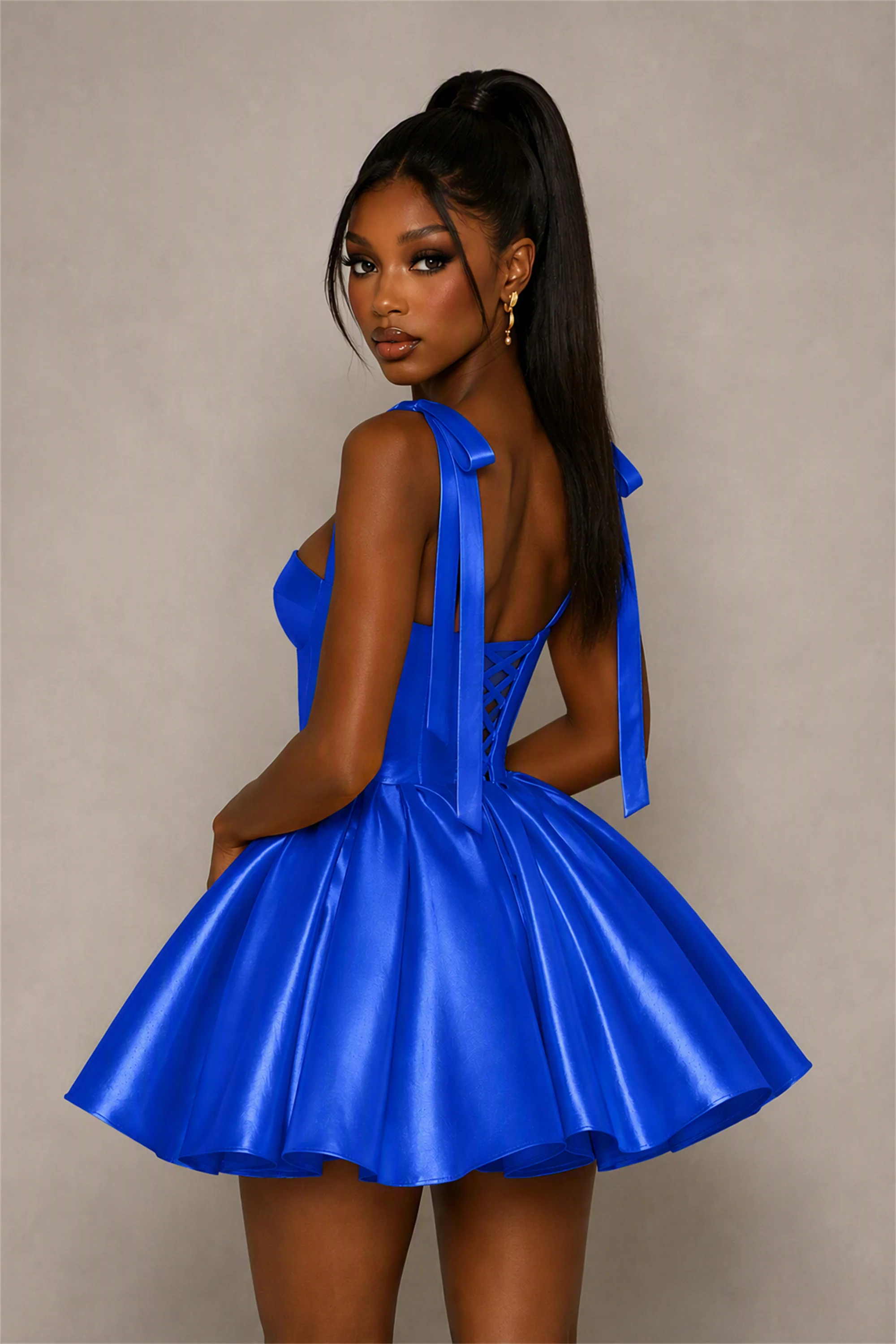 BOLODOO Royal Blue Satin Sweetheart Corset Bow Strap Lace-Up Open Back Full Skirt Mini Dress | Prom Cocktail Party Dress