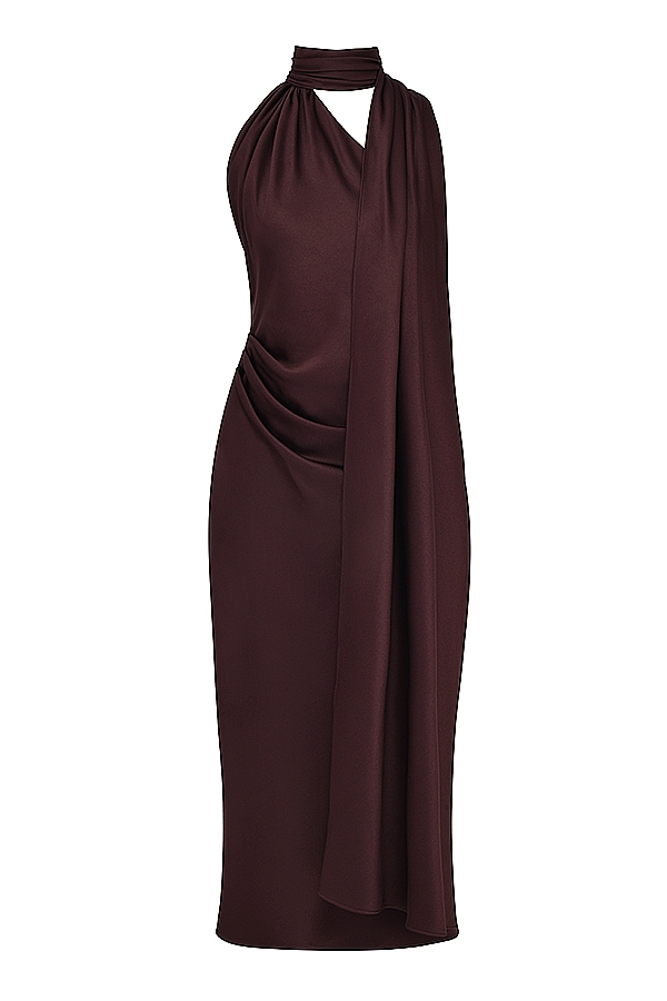 Chocolate Wrap Neck Midi Dress