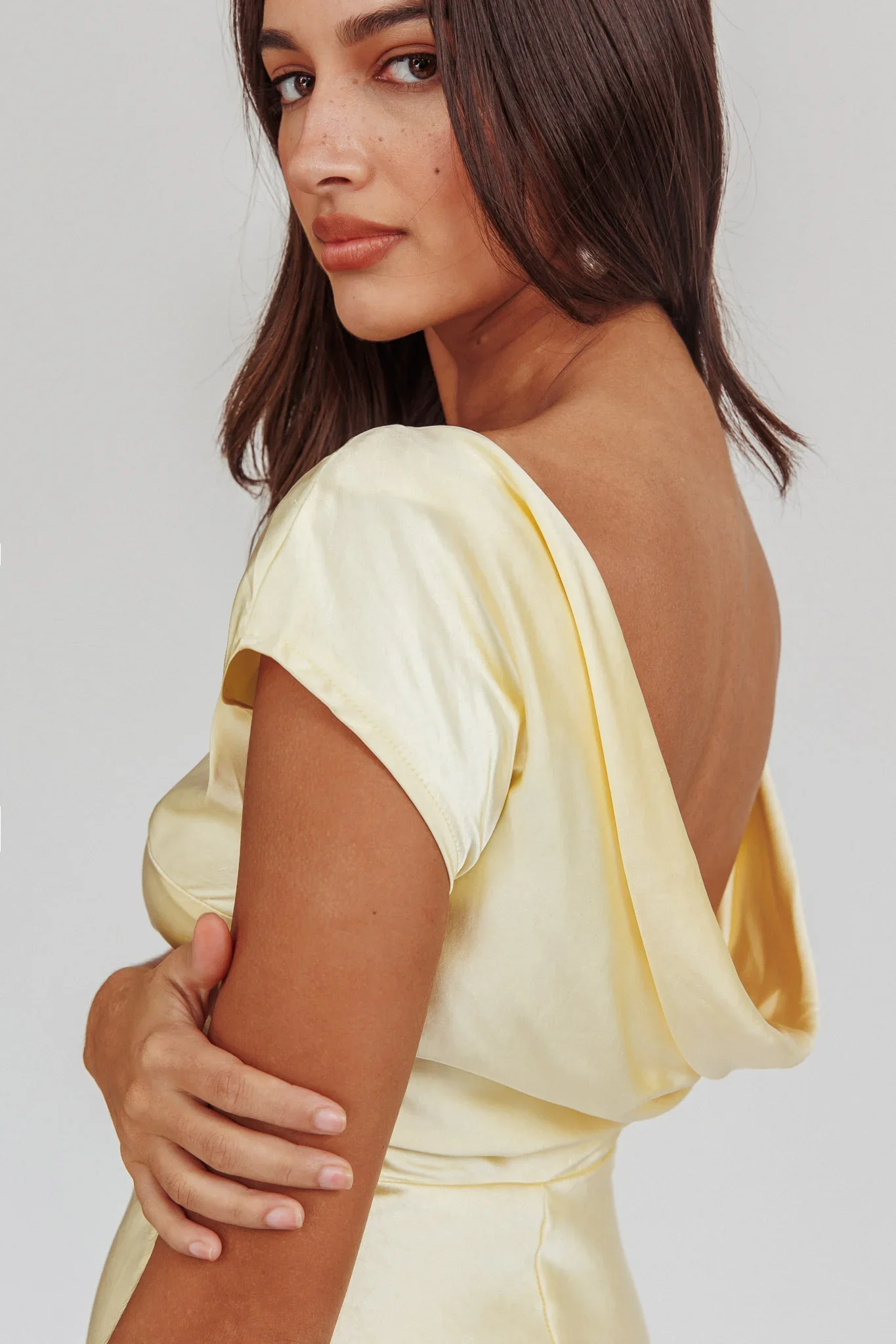 Loveland Cap Sleeve Cowl Back Midi Dress Butter