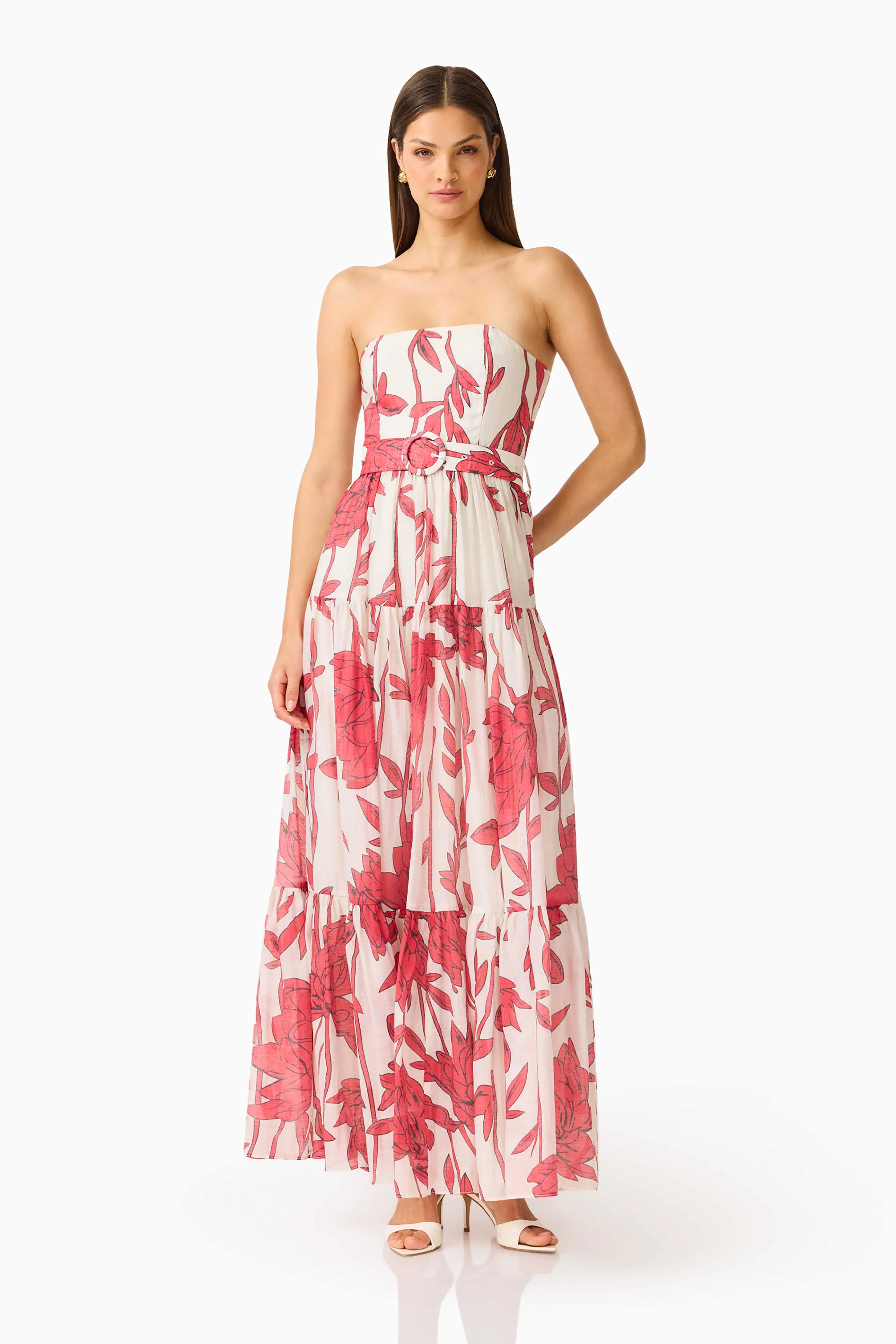 CURAAE Viva Belted Maxi Dress in White and Red